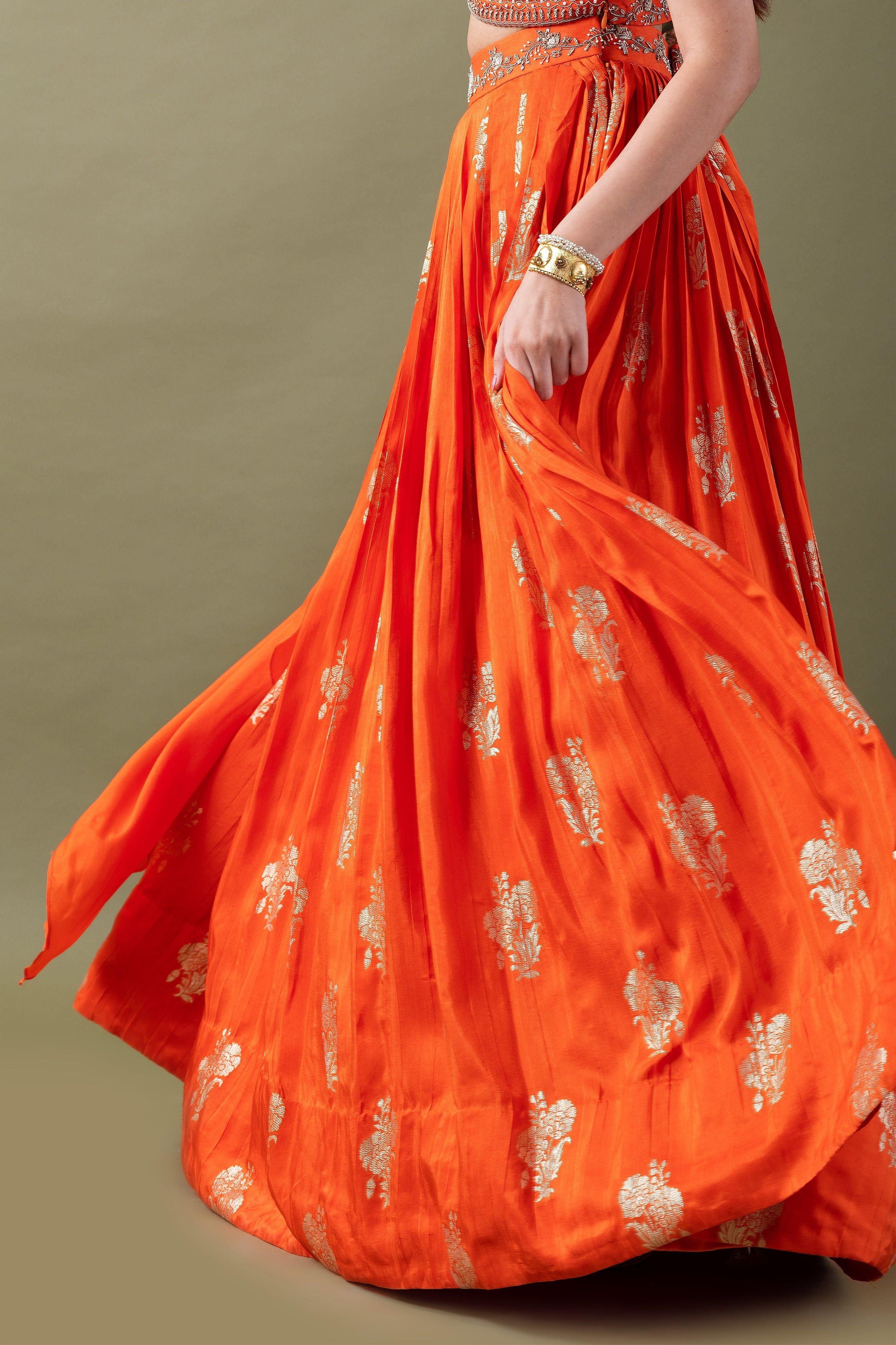 Orange Embroidered Lehenga Set - Mokshaa