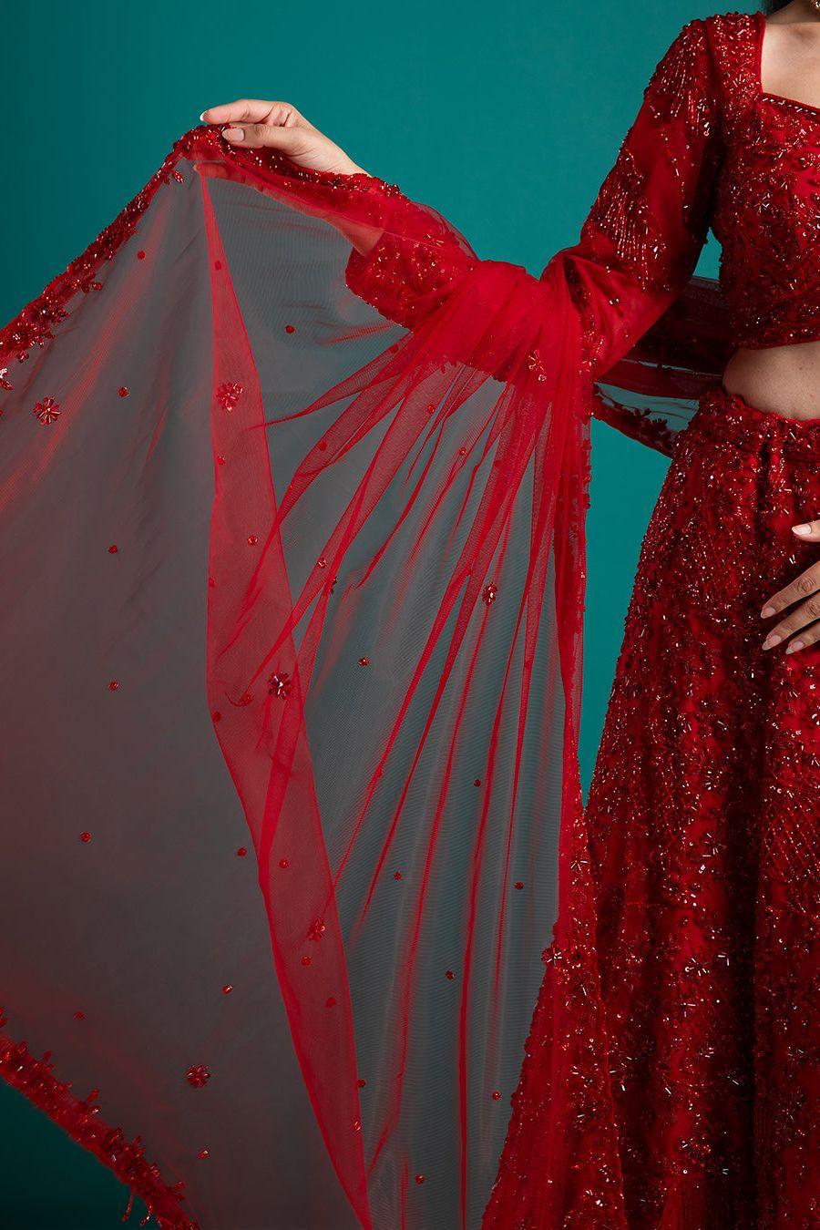 Ruby Red Embellished Lehenga With Exquisite Detailing - Mokshaa
