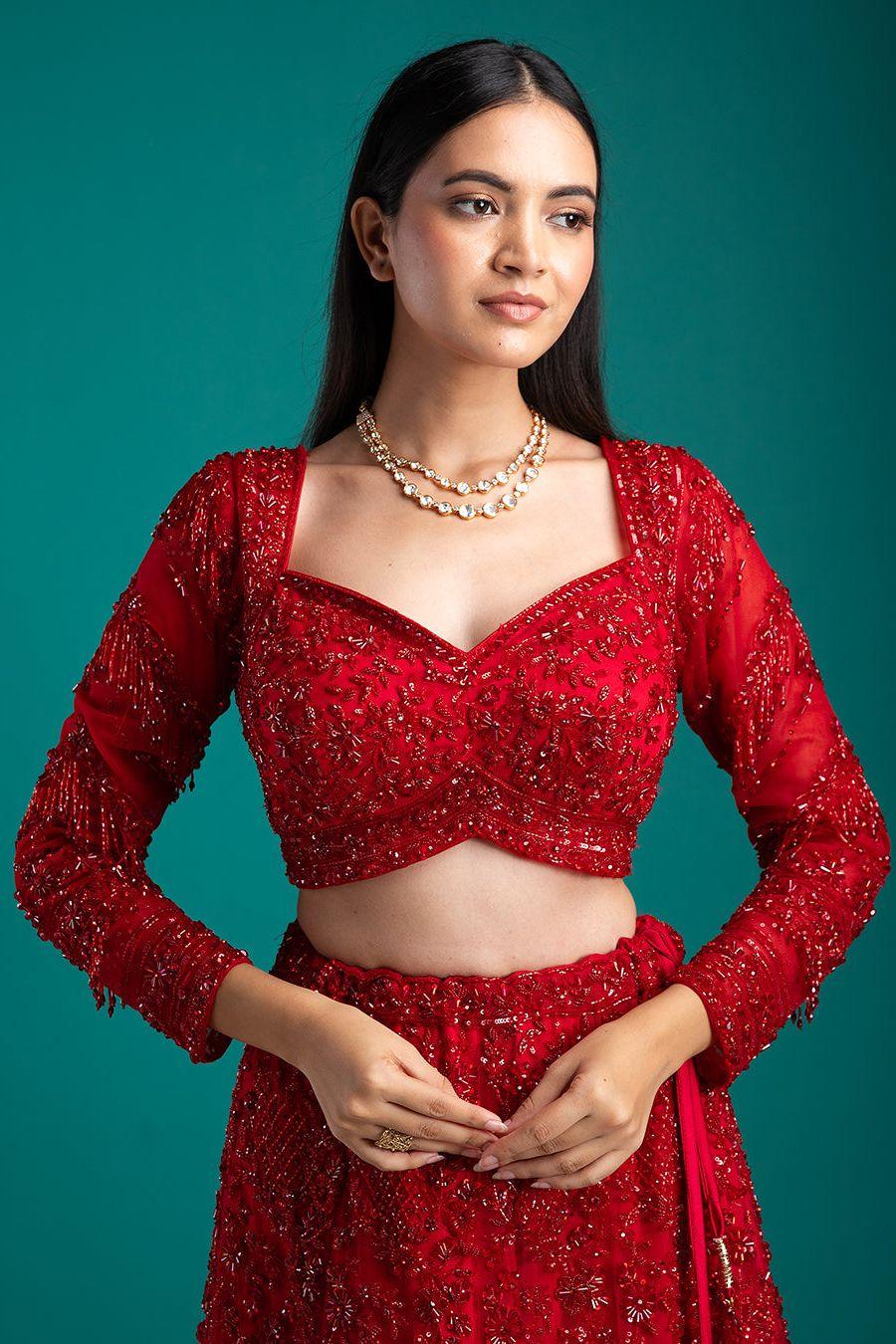 Ruby Red Embellished Lehenga With Exquisite Detailing - Mokshaa