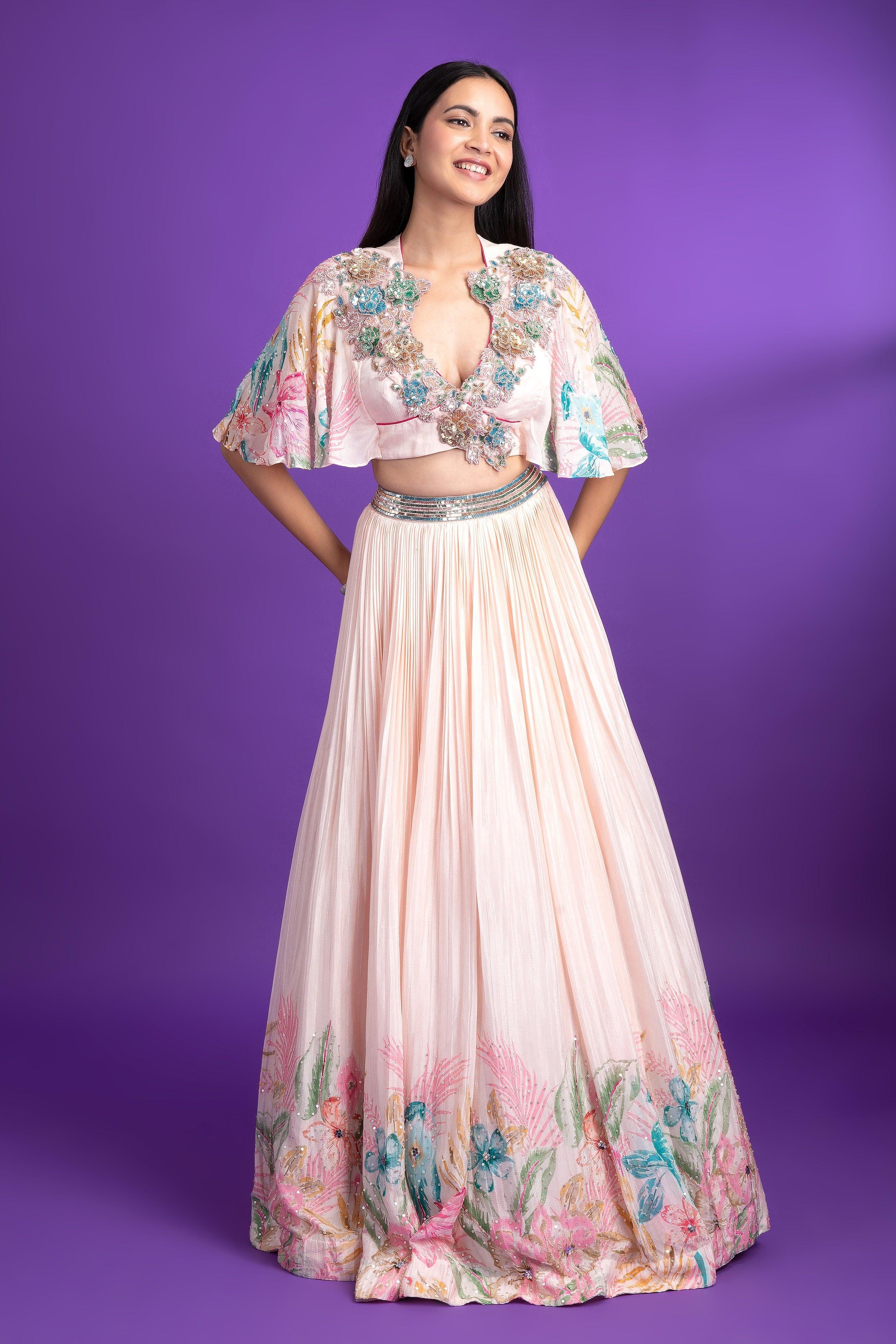 Pink Crepe Floral Printed Lehenga - Mokshaa