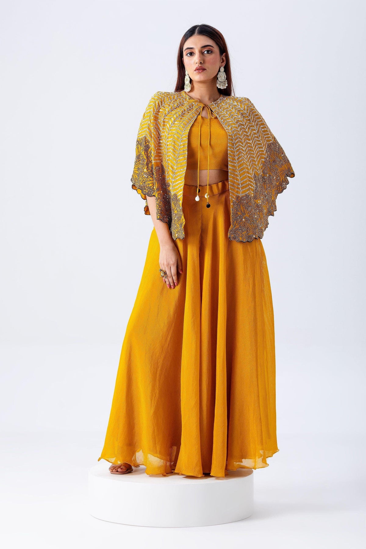Mustard Yellow Cape Set With Embroidery | Indo-Western | Mokshaa