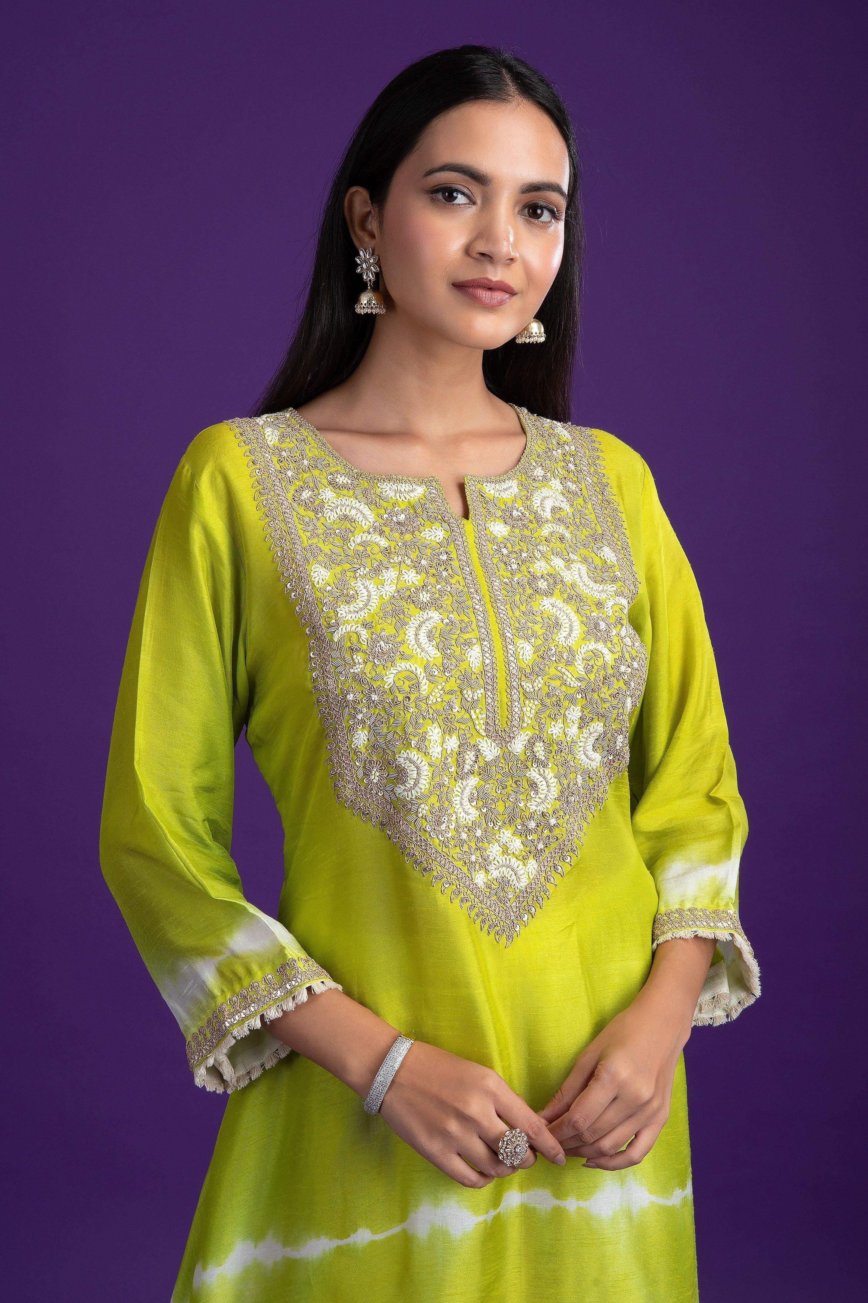 Green Tie-Dye Silk Kurti Set - Mokshaa