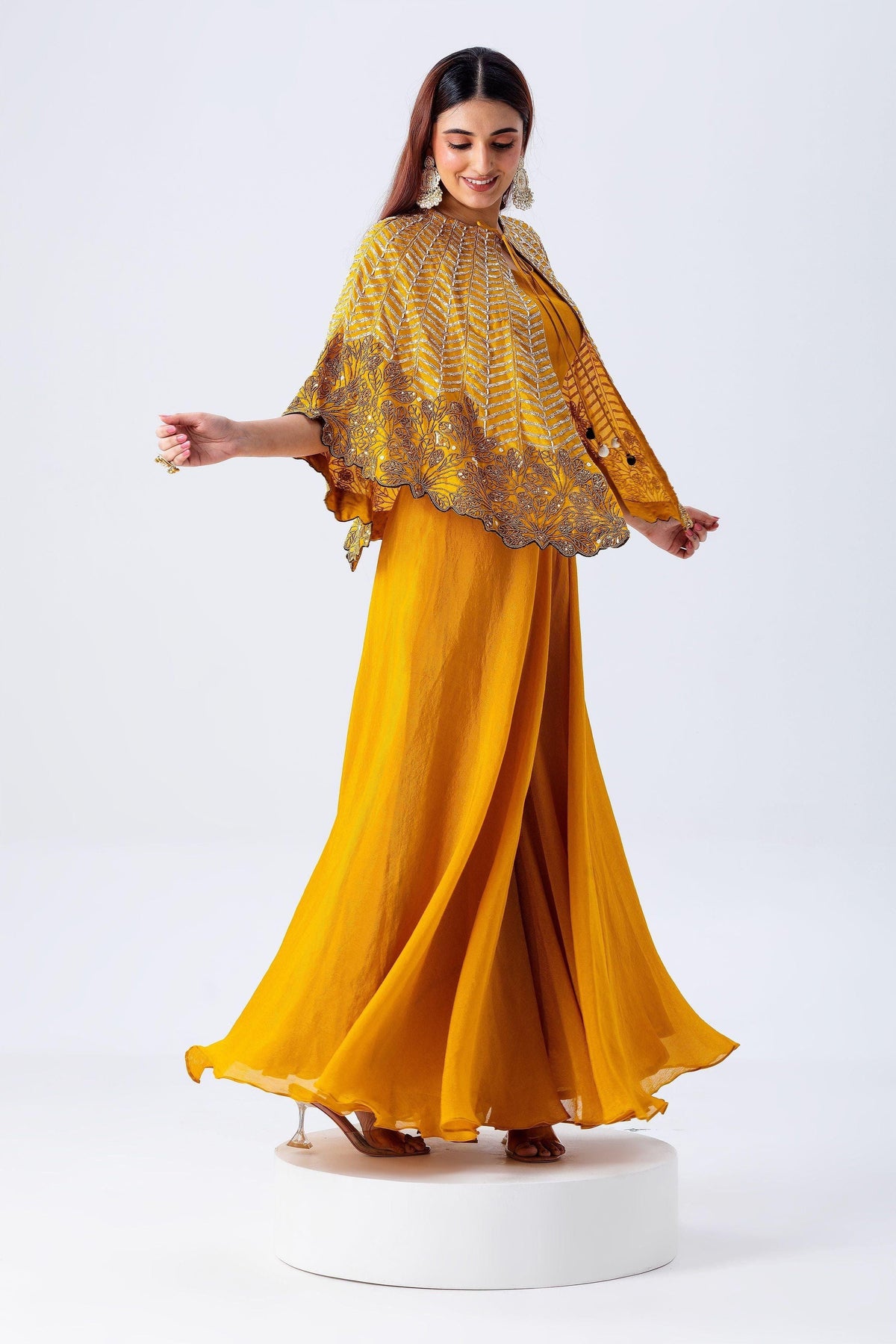 Mustard Yellow Cape Set With Embroidery | Indo-Western | Mokshaa