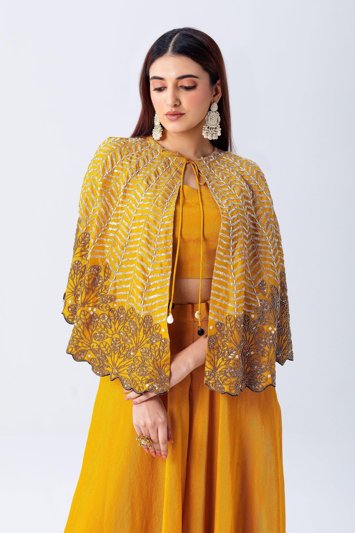 Mustard Yellow Cape Set With Embroidery | Indo-Western | Mokshaa