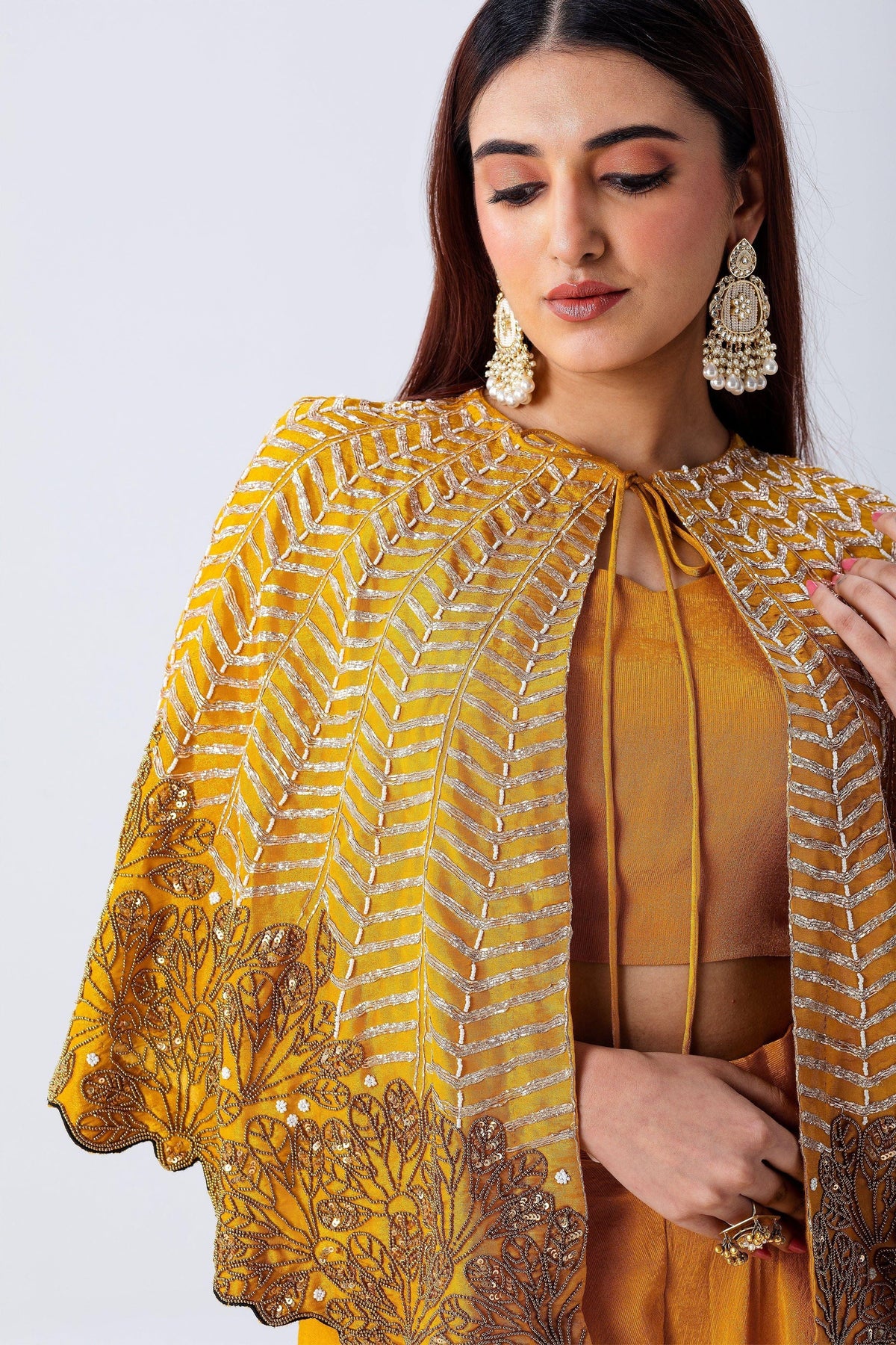 Mustard Yellow Cape Set With Embroidery | Indo-Western | Mokshaa