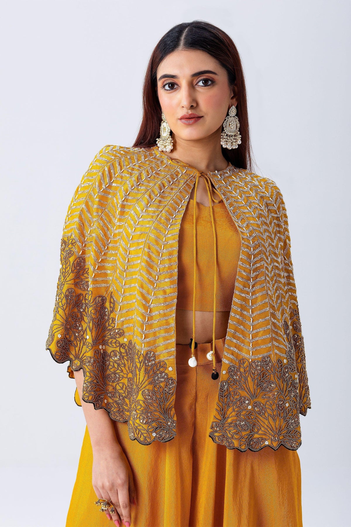 Mustard Yellow Cape Set With Embroidery | Indo-Western | Mokshaa