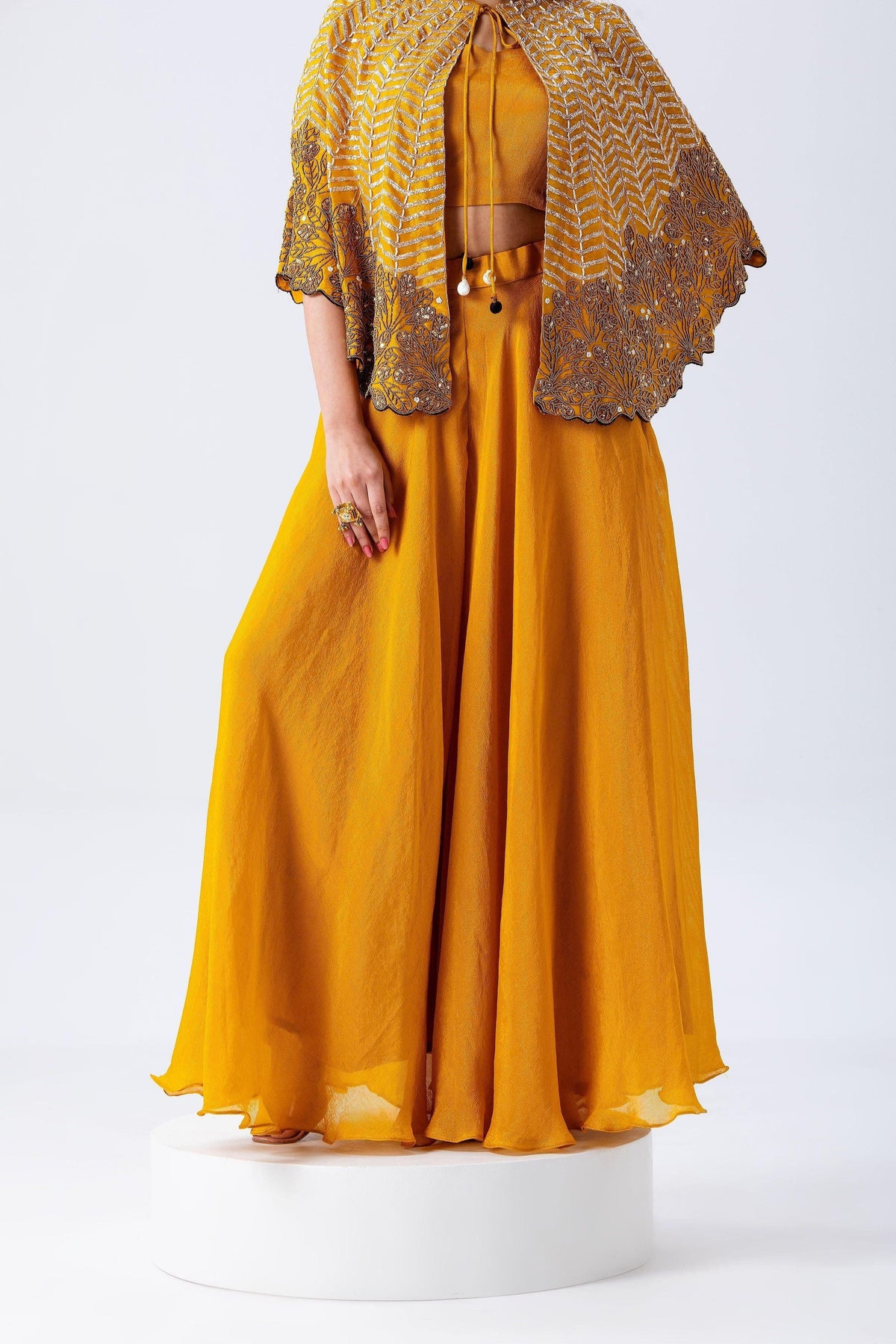 Mustard Yellow Cape Set With Embroidery | Indo-Western | Mokshaa