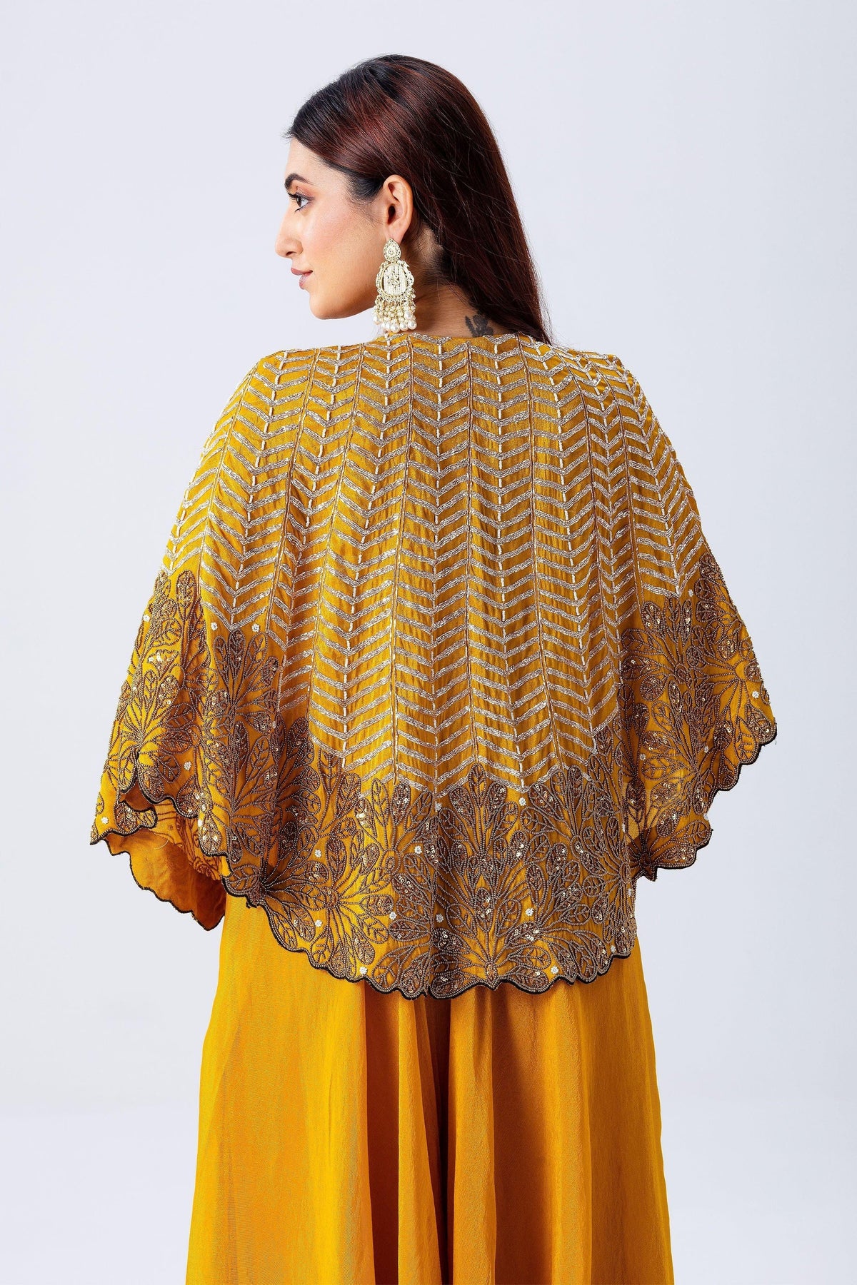 Mustard Yellow Cape Set With Embroidery | Indo-Western | Mokshaa