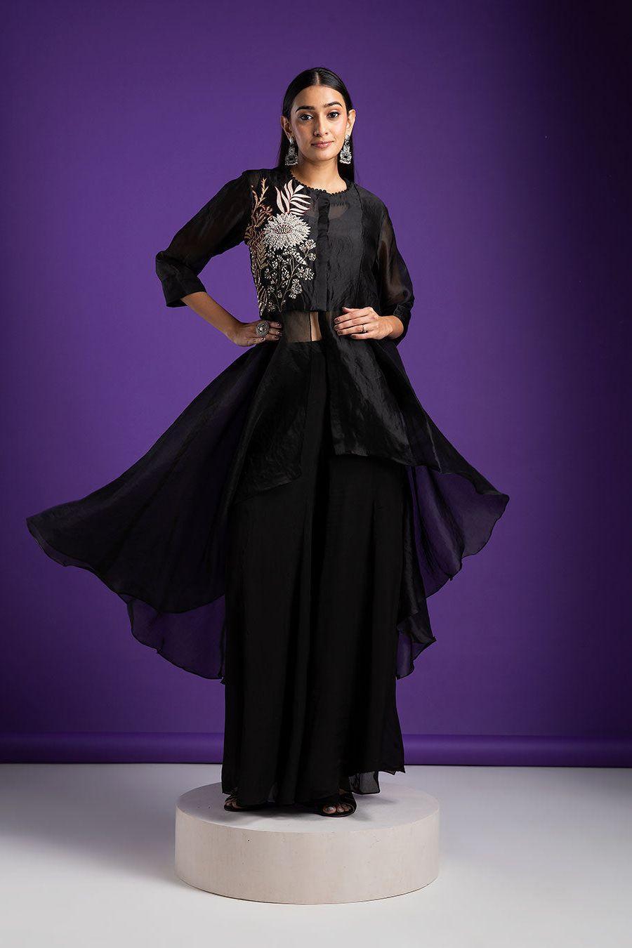 Black Asymmetrical Top And Palazzo Set - Mokshaa