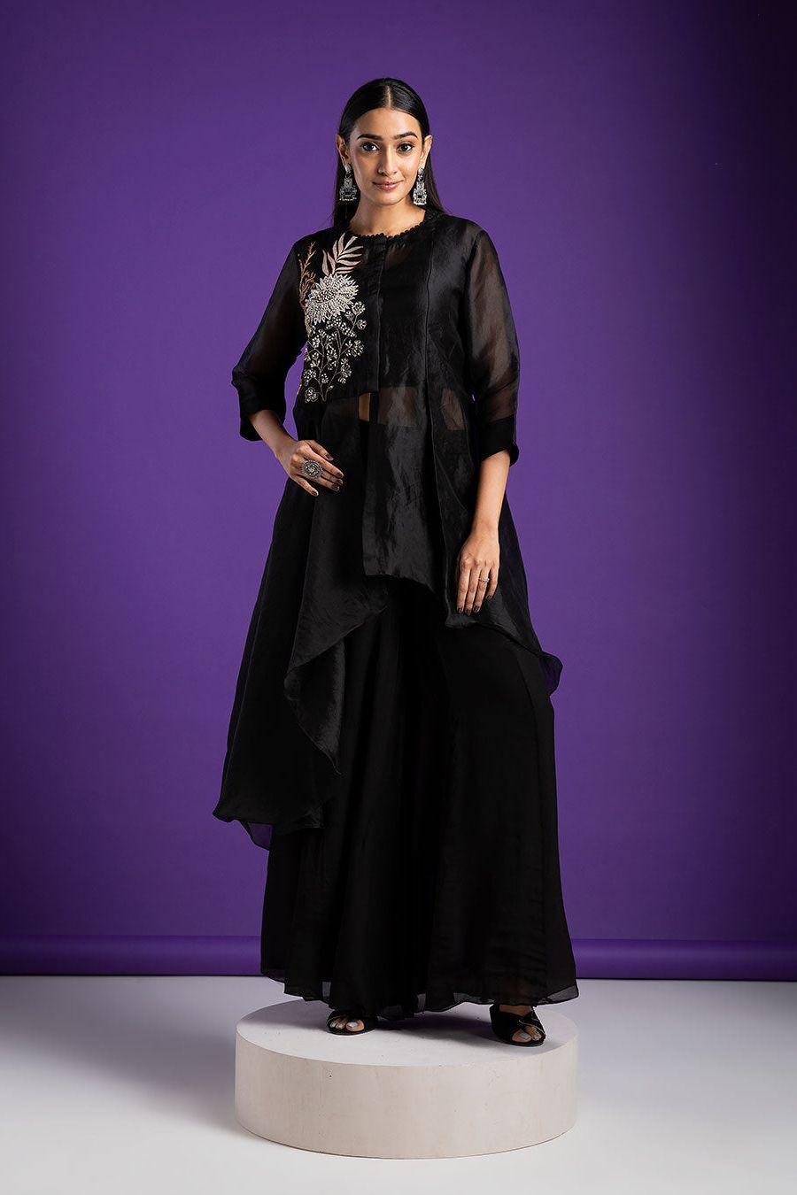 Black Asymmetrical Top And Palazzo Set - Mokshaa