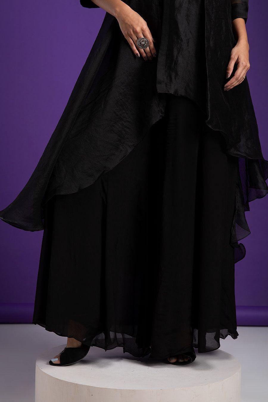 Black Asymmetrical Top And Palazzo Set - Mokshaa
