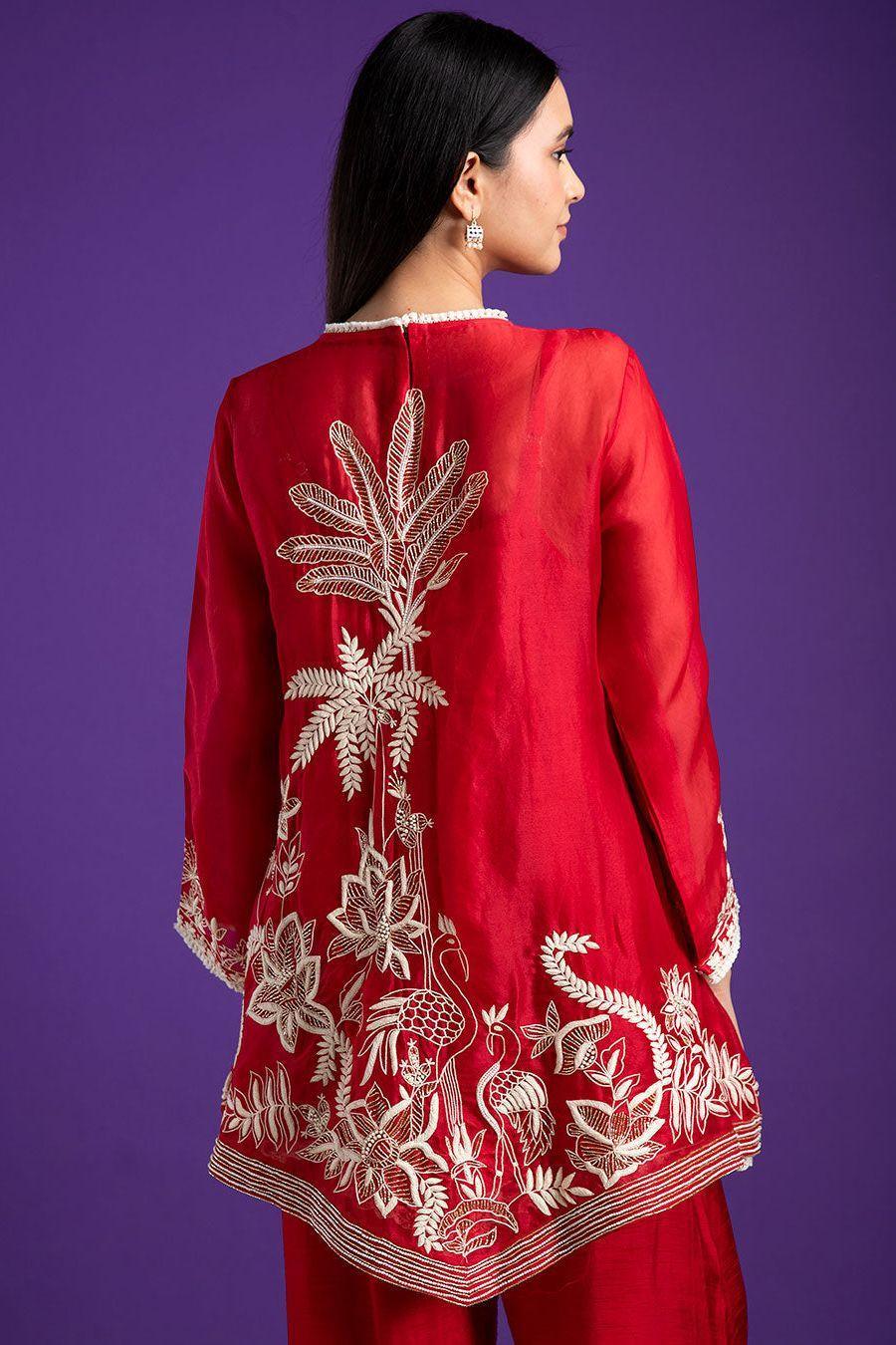 Crimson Red Embroidered Silk Kurta Set - Mokshaa
