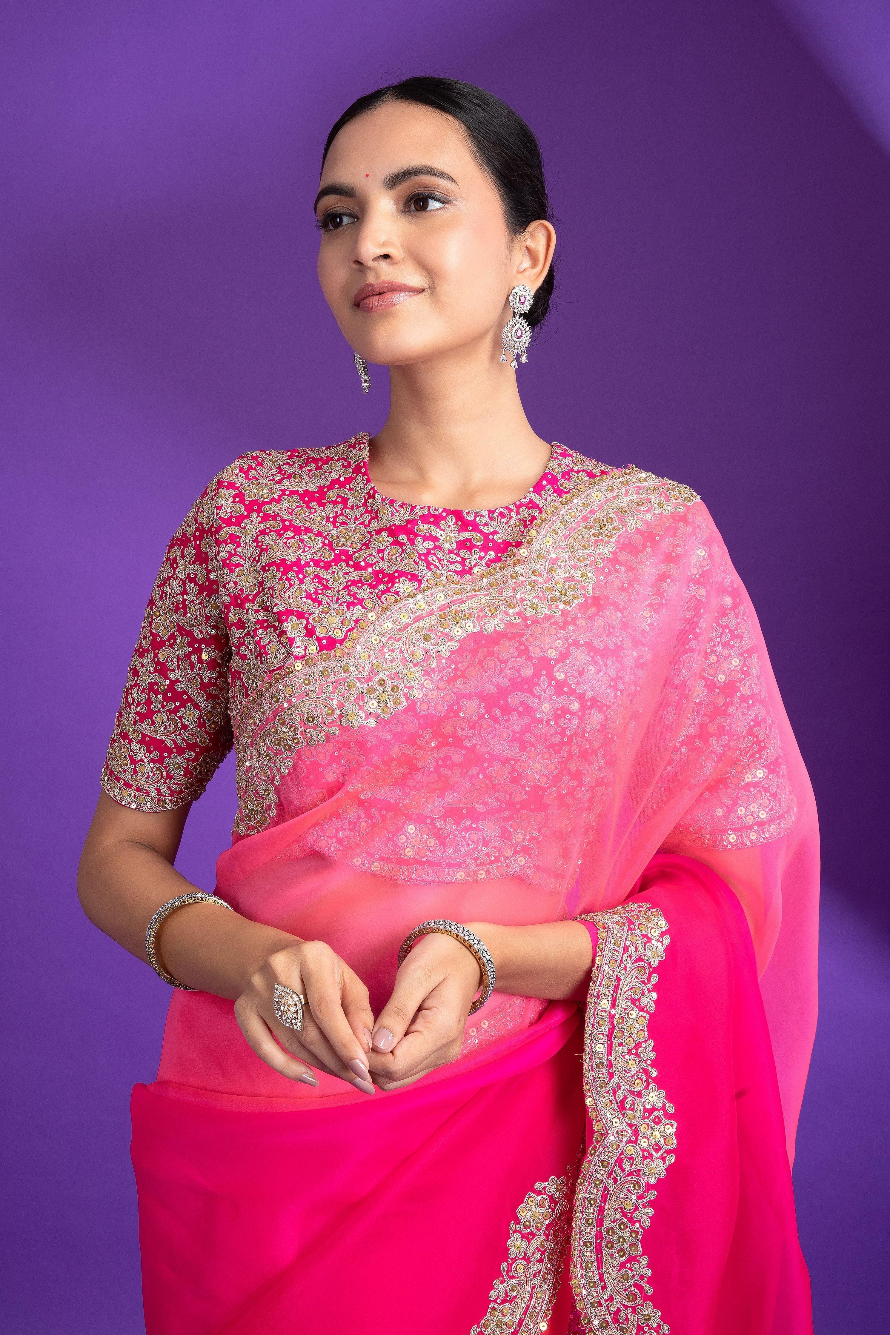 Hot Pink Organza Saree With Zari Border - Mokshaa