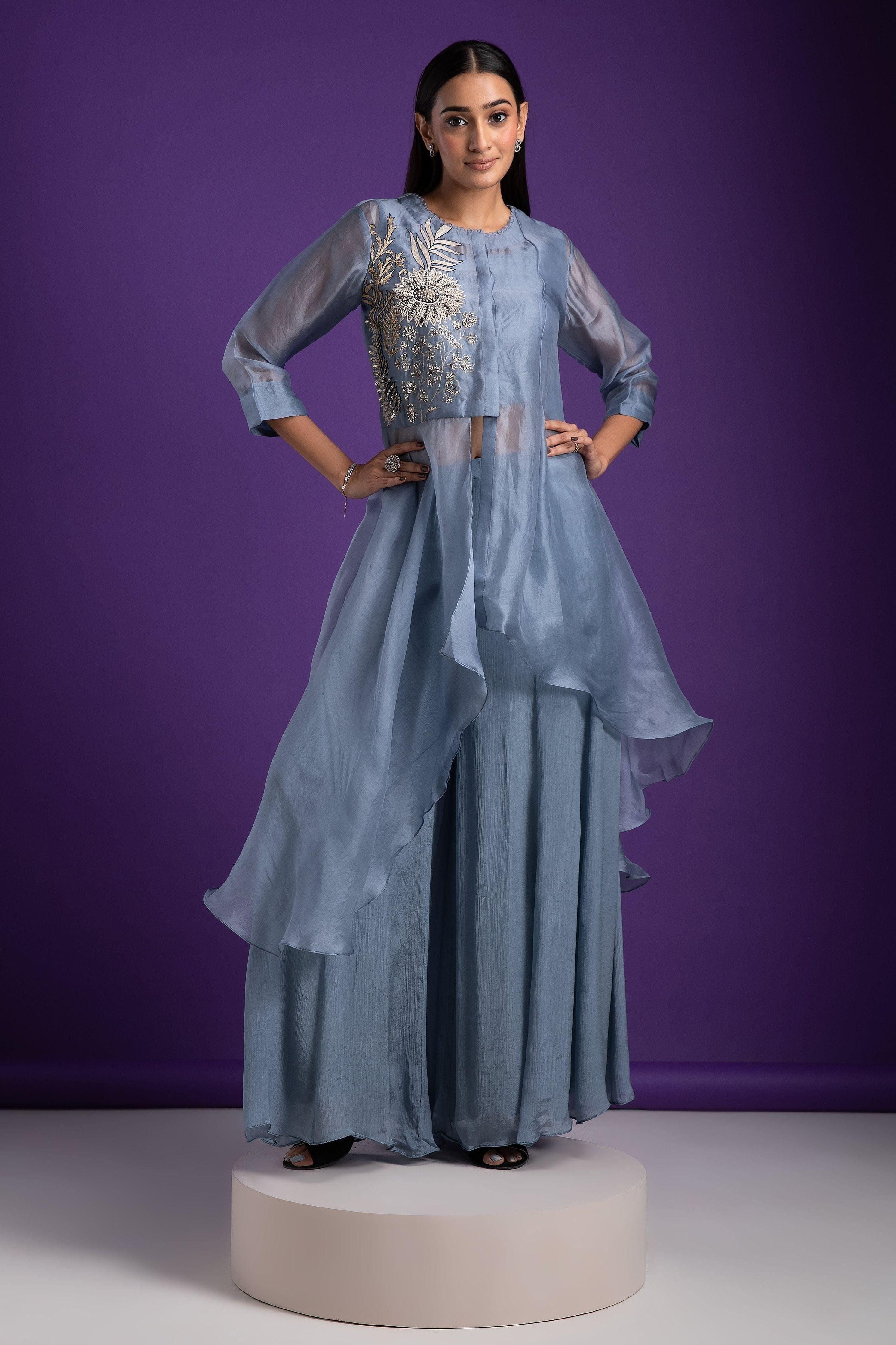 Grey Blue Asymmetrical Top And Palazzo Set - Mokshaa