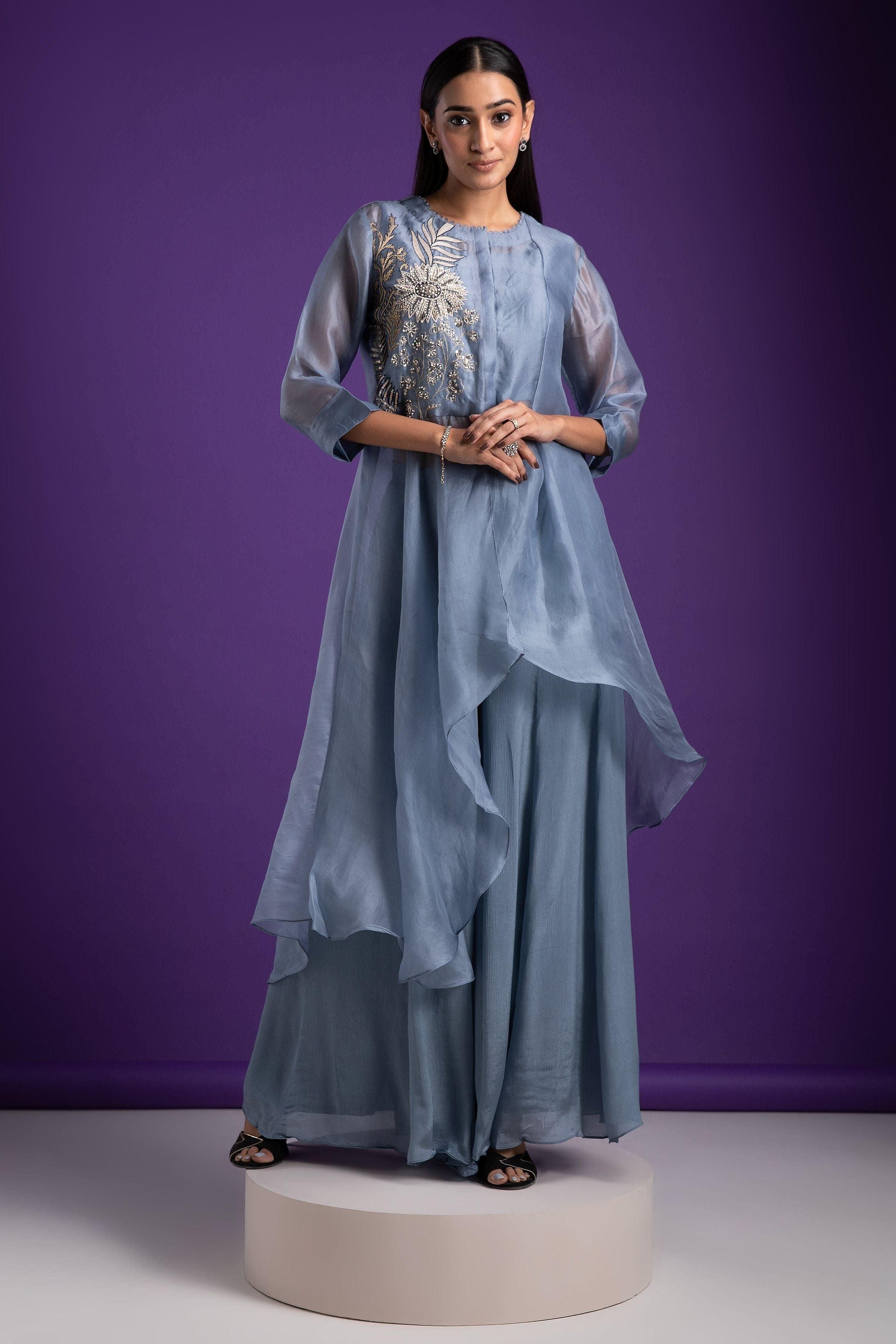 Grey Blue Asymmetrical Top And Palazzo Set - Mokshaa