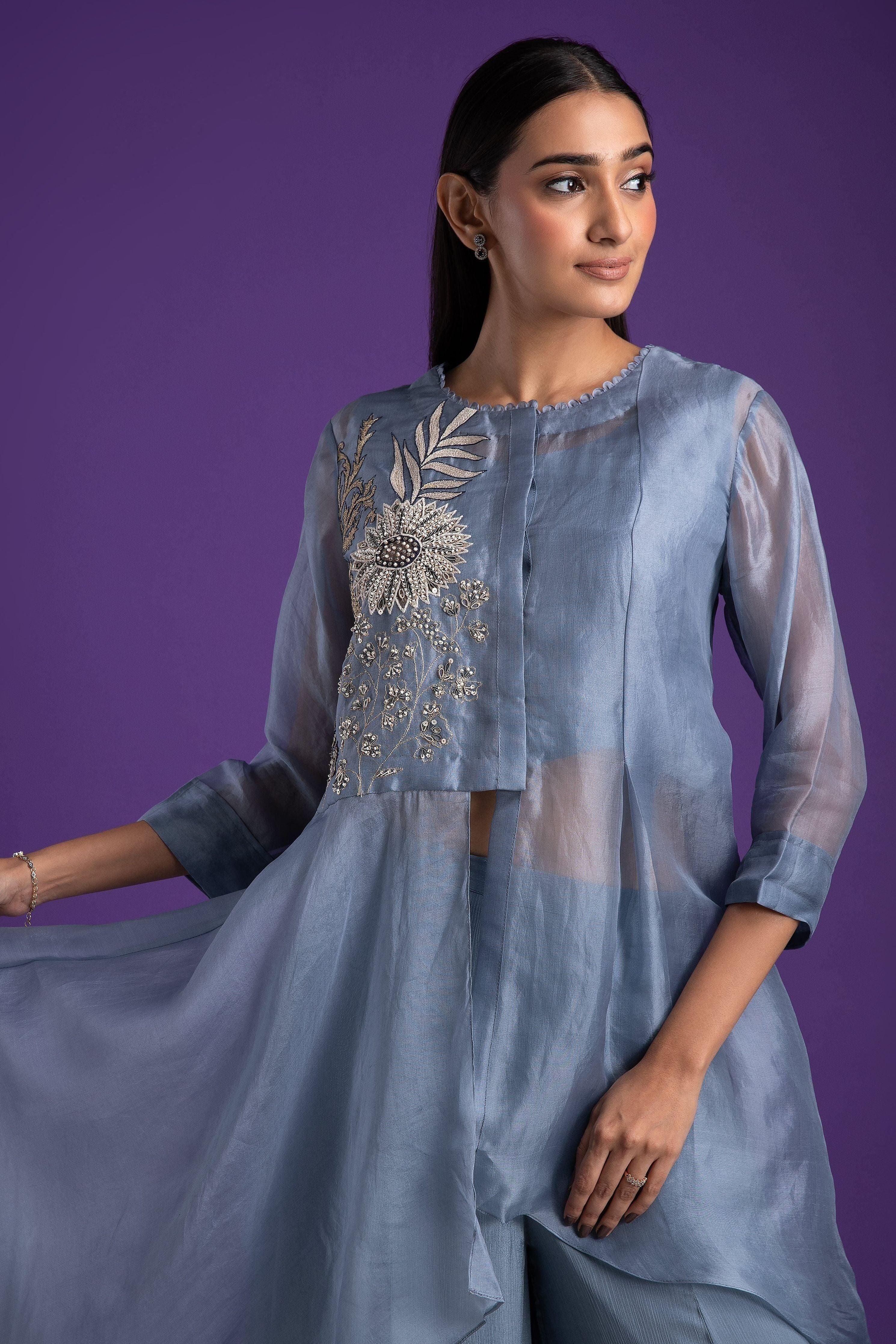 Grey Blue Asymmetrical Top And Palazzo Set - Mokshaa