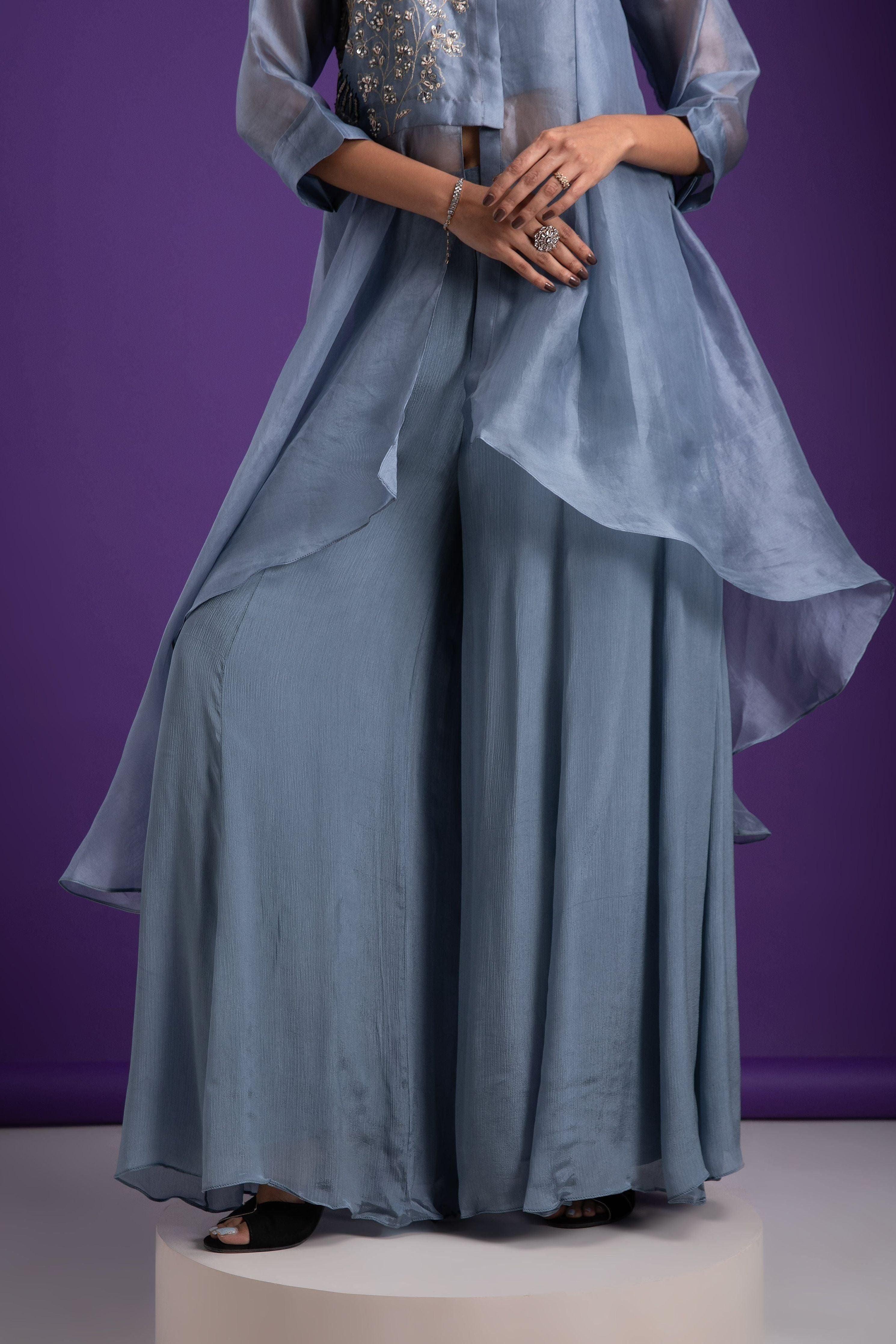 Grey Blue Asymmetrical Top And Palazzo Set - Mokshaa