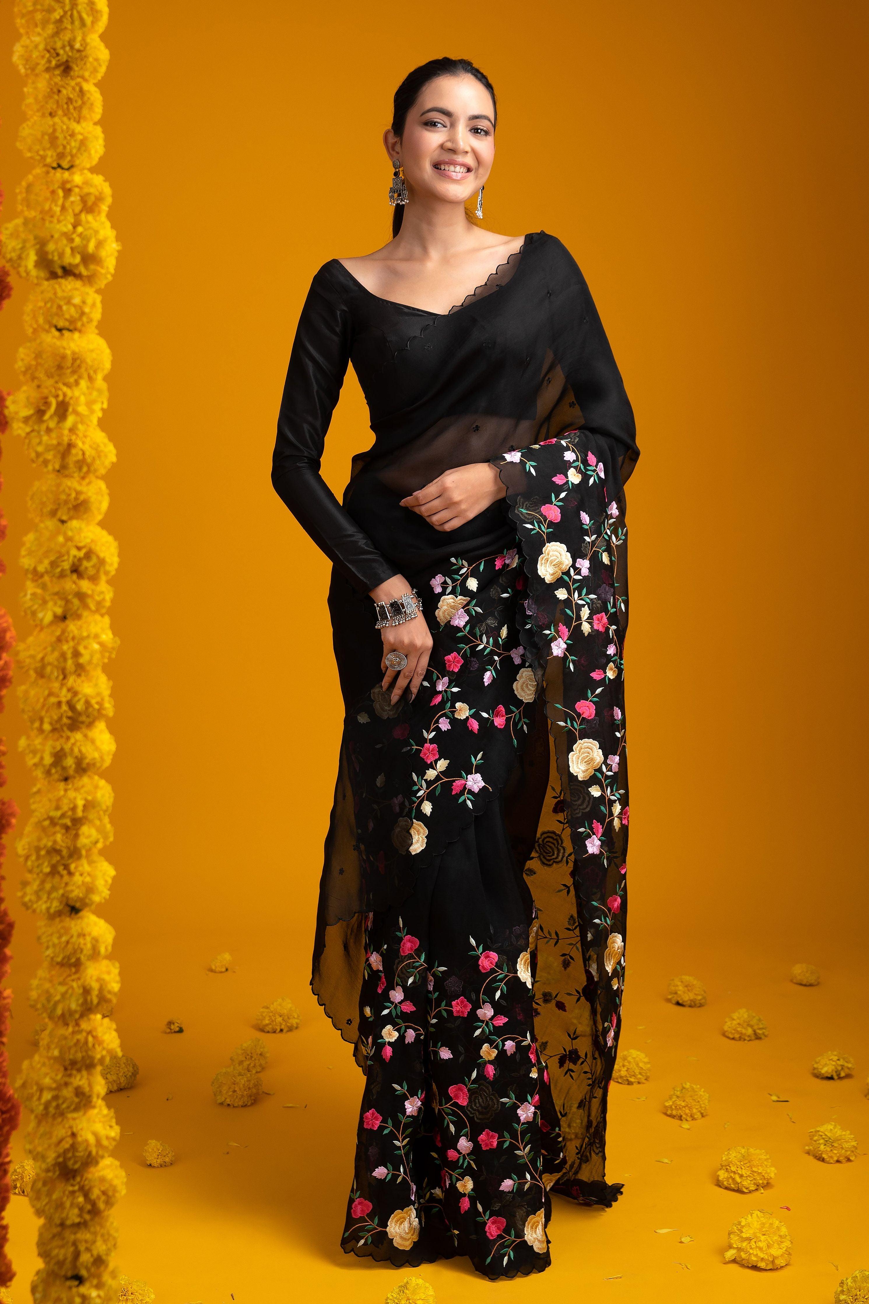 Black Organza Saree With Vibrant Floral Embroidery - Mokshaa