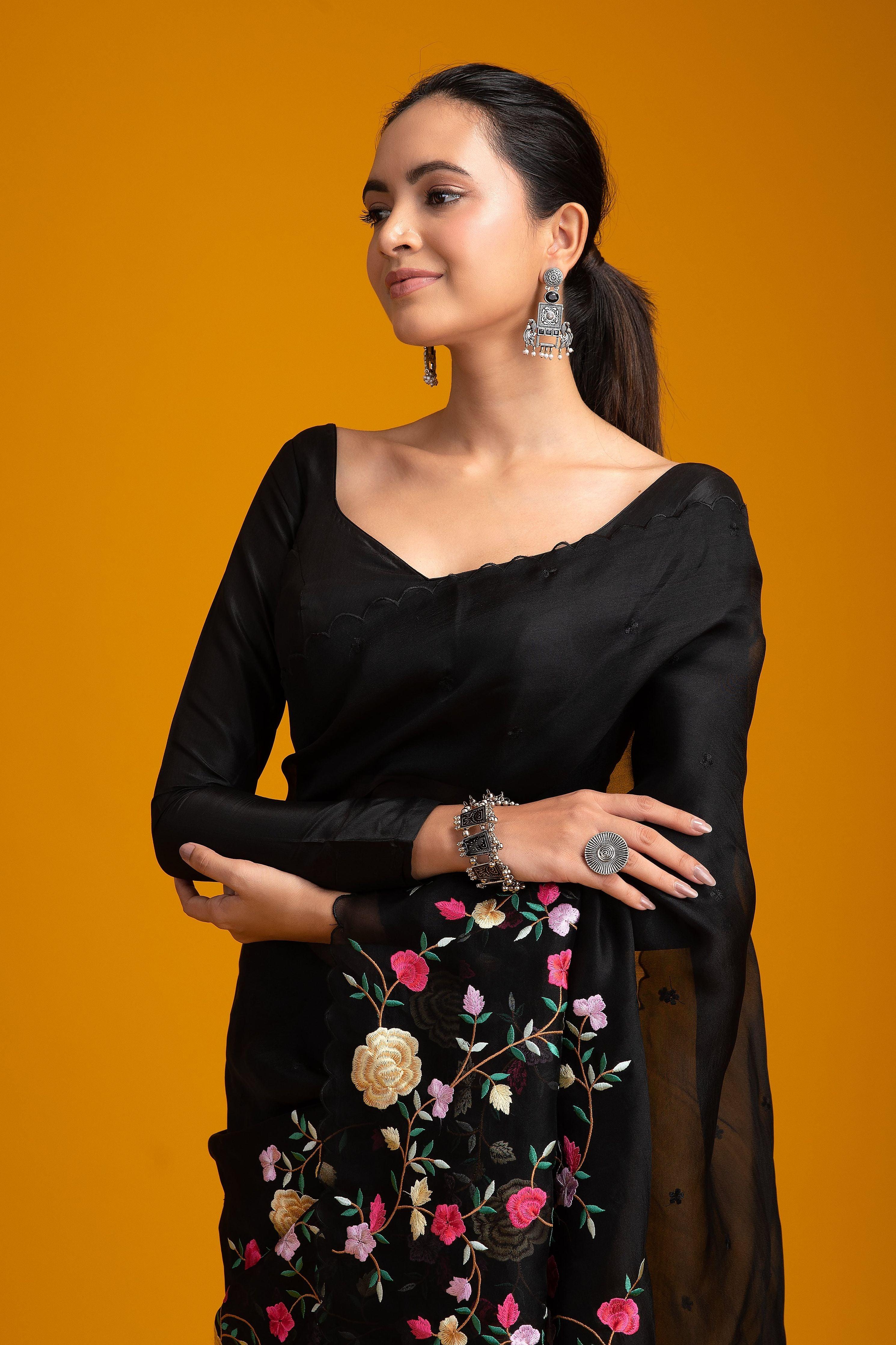 Black Organza Saree With Vibrant Floral Embroidery - Mokshaa