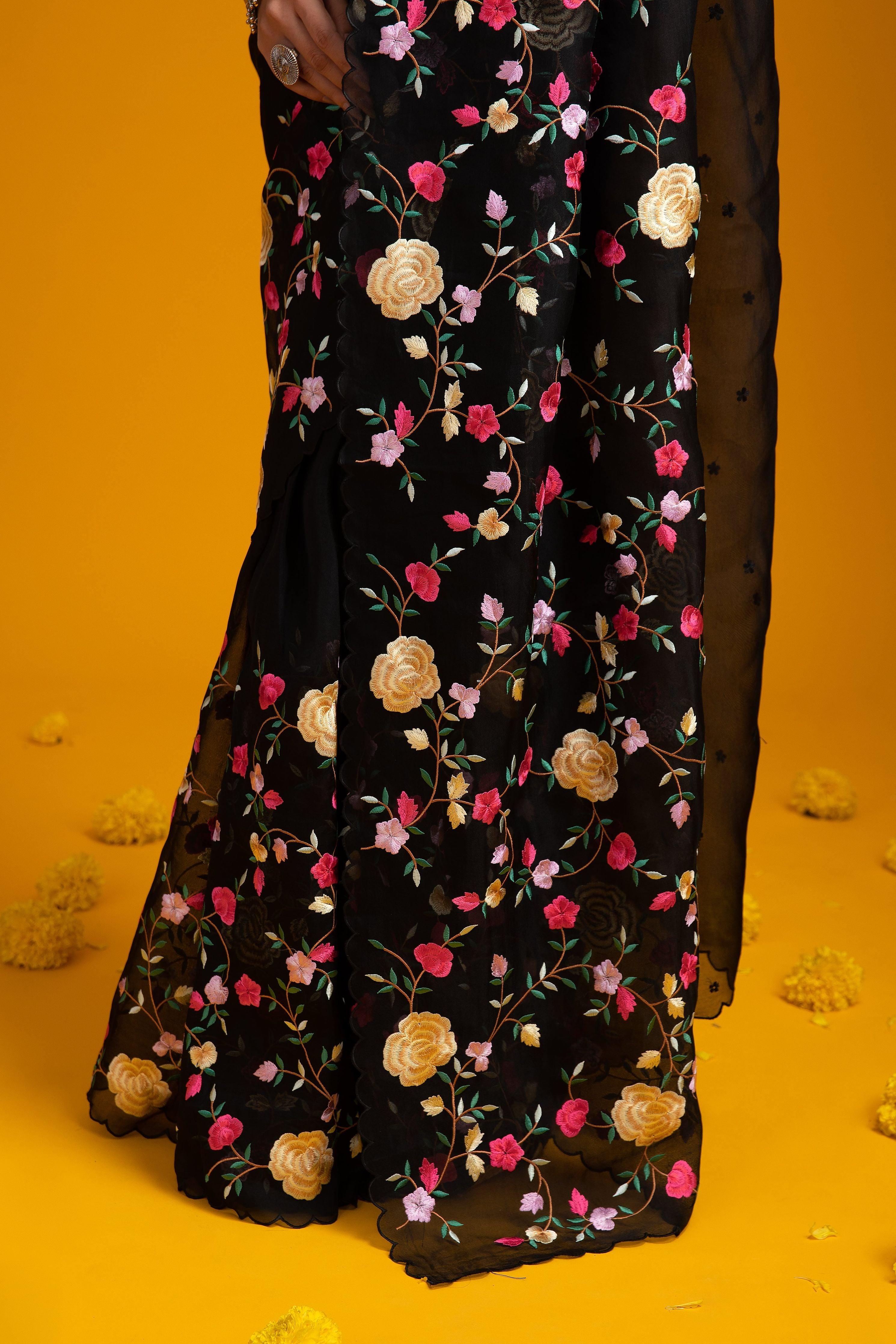 Black Organza Saree With Vibrant Floral Embroidery - Mokshaa