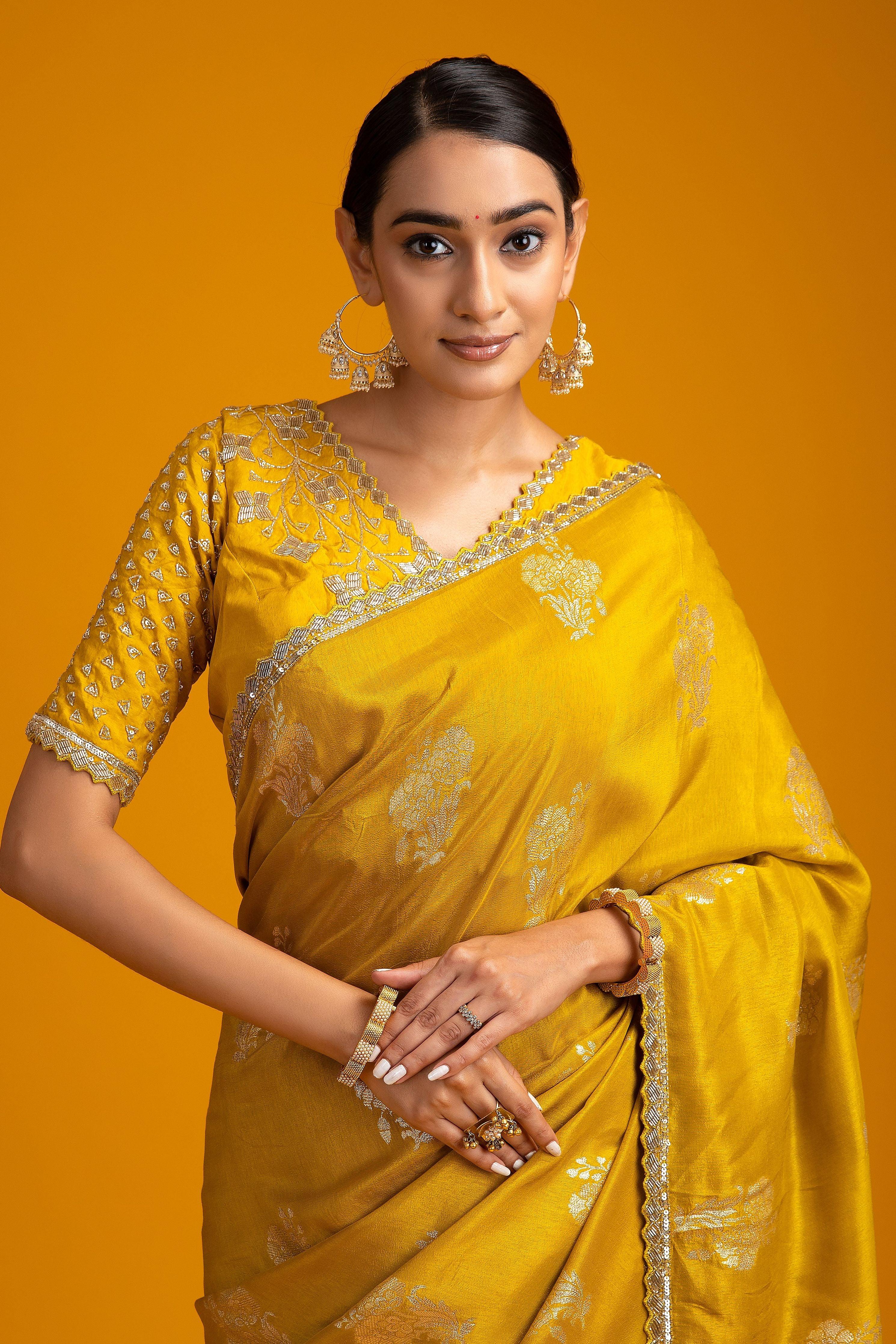 Mustard Yellow Georgette Saree - Mokshaa