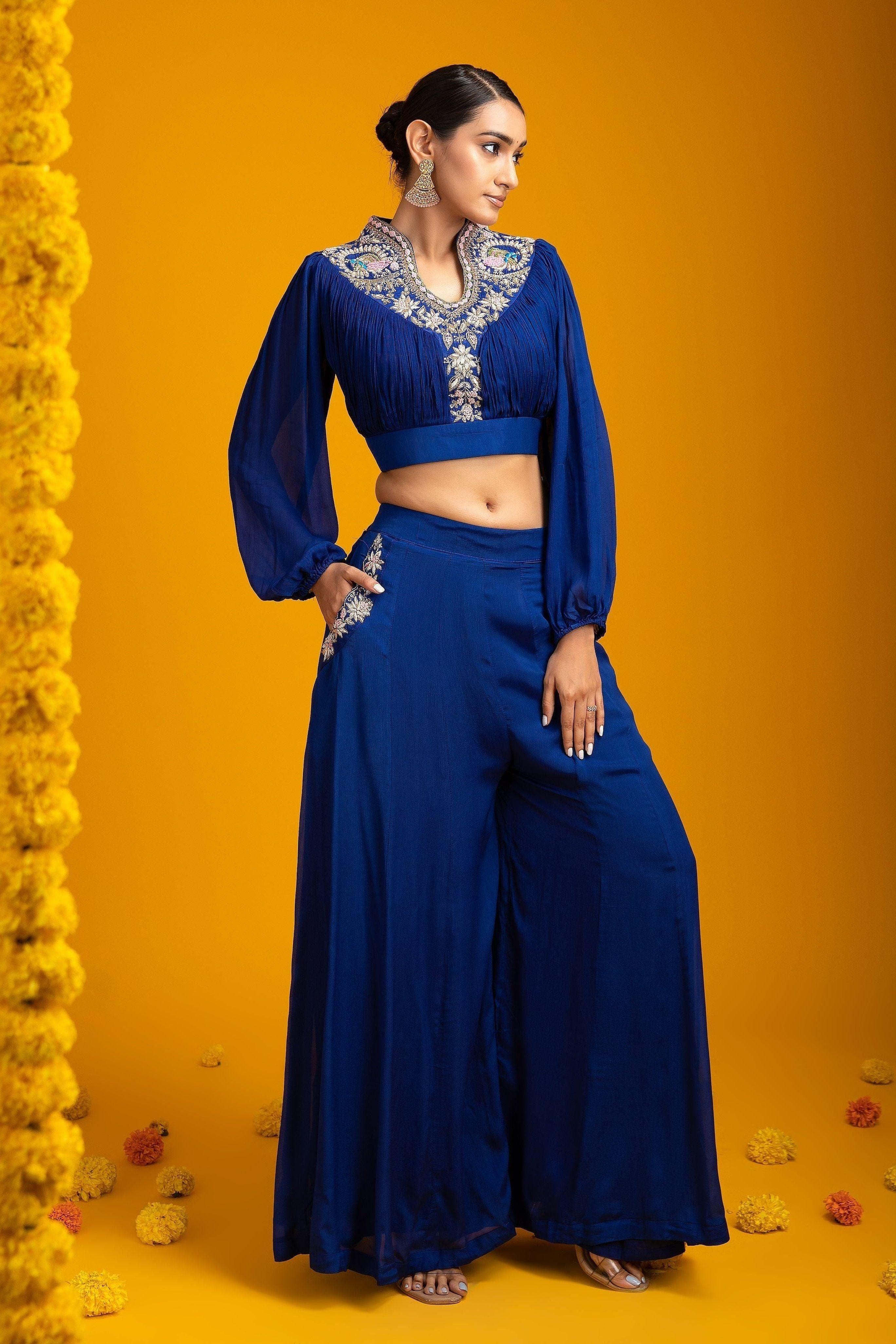 Navy Blue Crop Top And Palazzo Set - Mokshaa