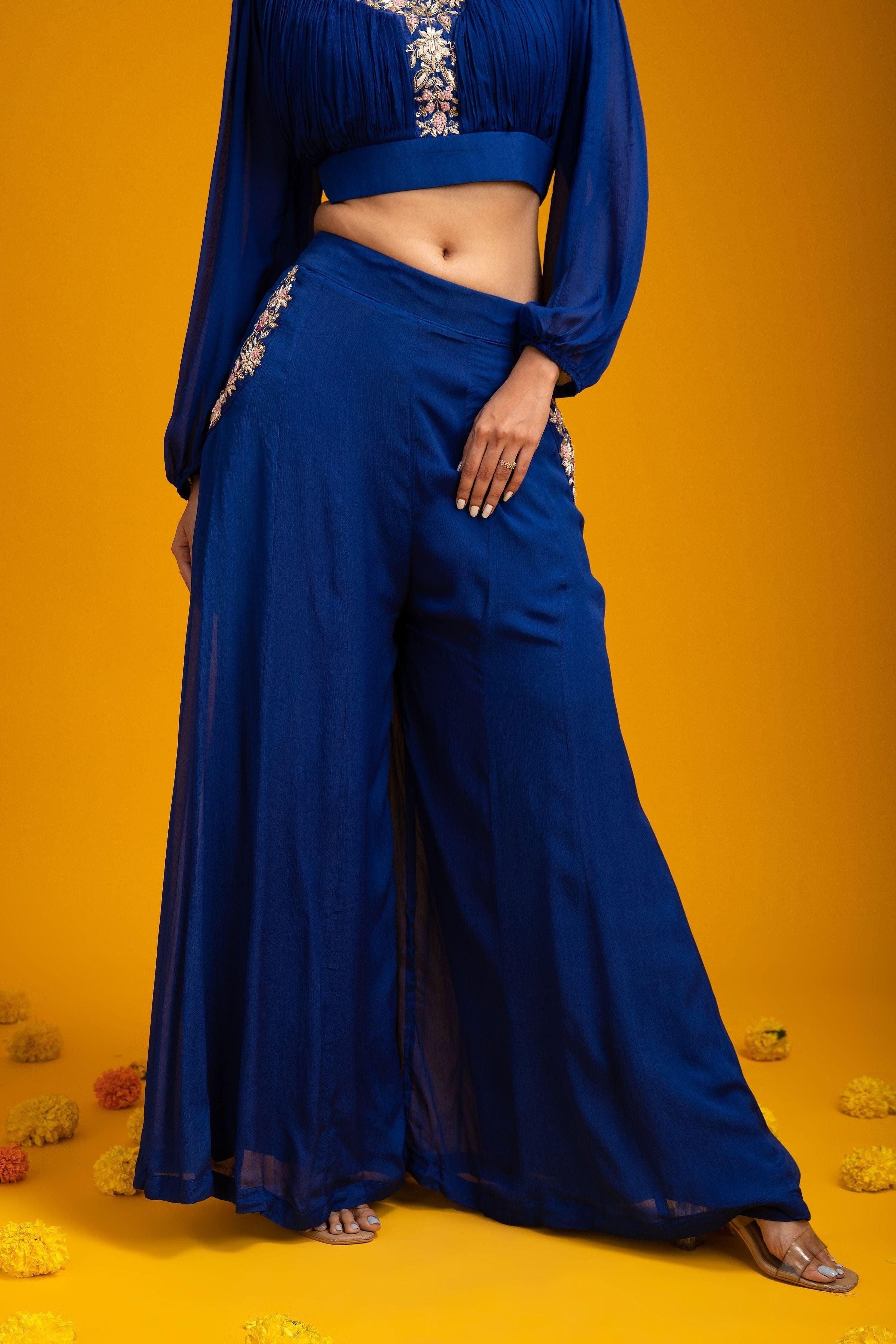 Navy Blue Crop Top And Palazzo Set - Mokshaa