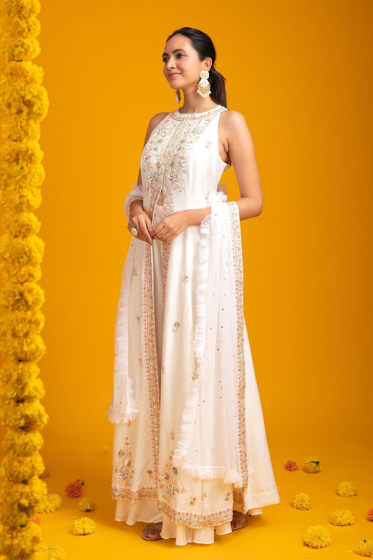 White Silk Indo-Western | Salwar Kameez | Mokshaa