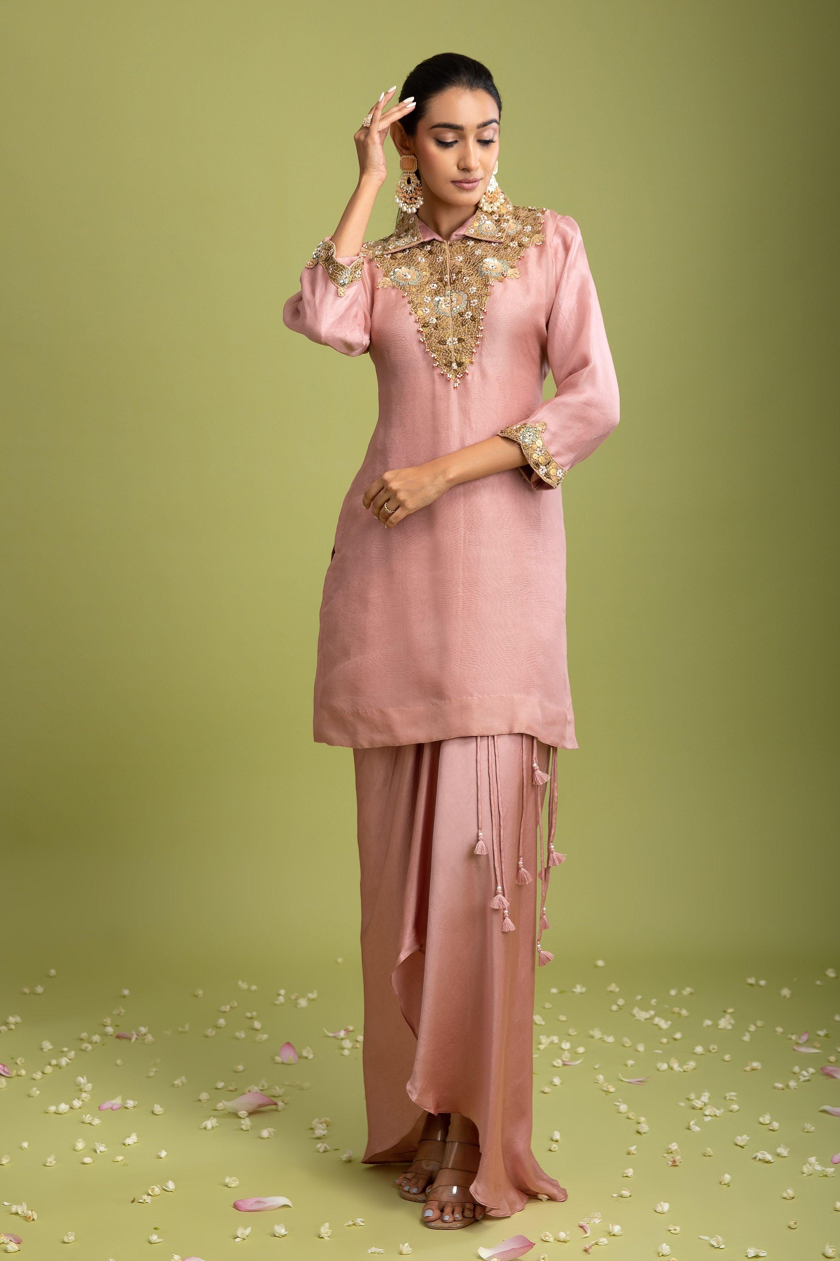 Peach Pink Organza Indo-Western - Mokshaa