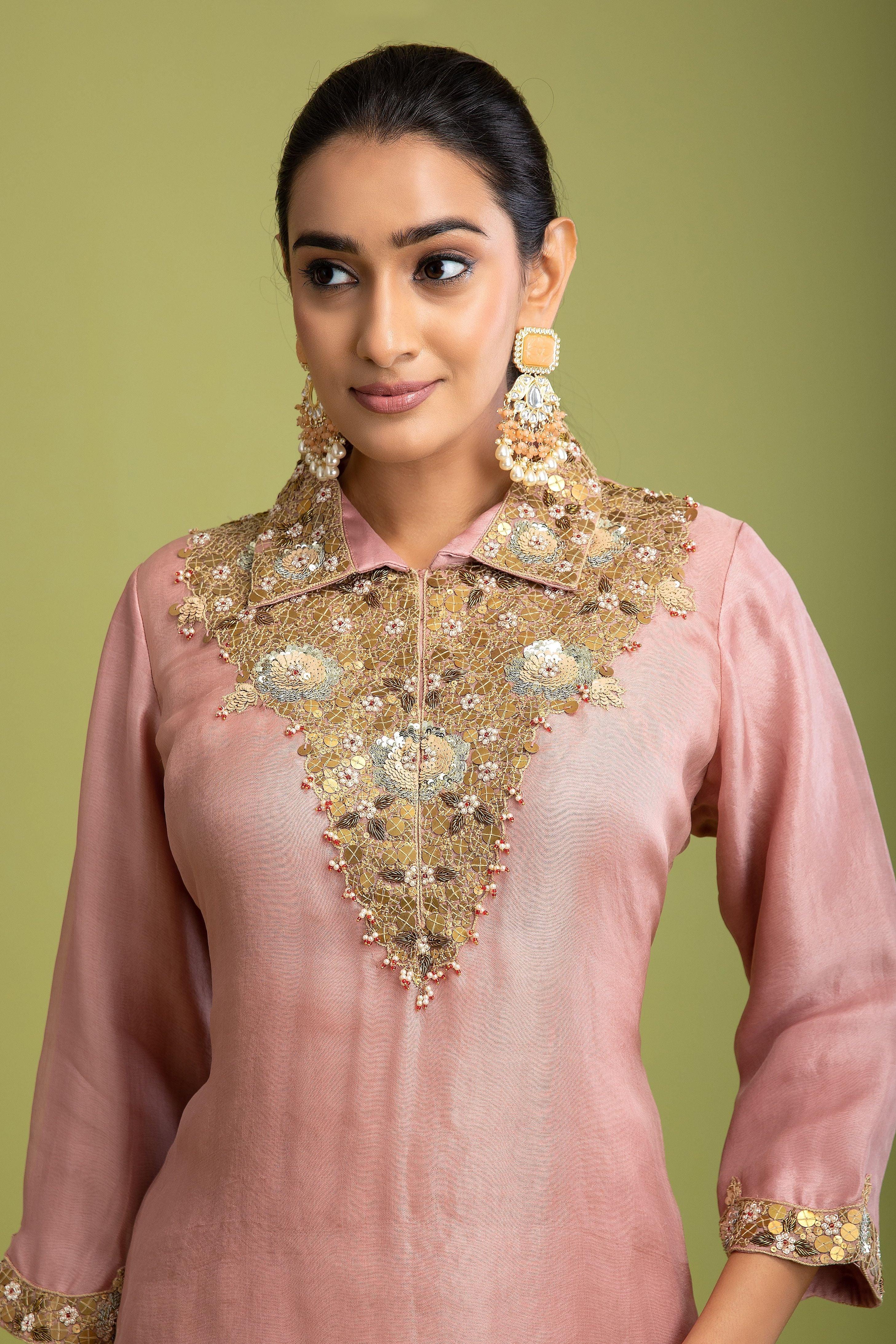 Peach Pink Organza Indo-Western - Mokshaa