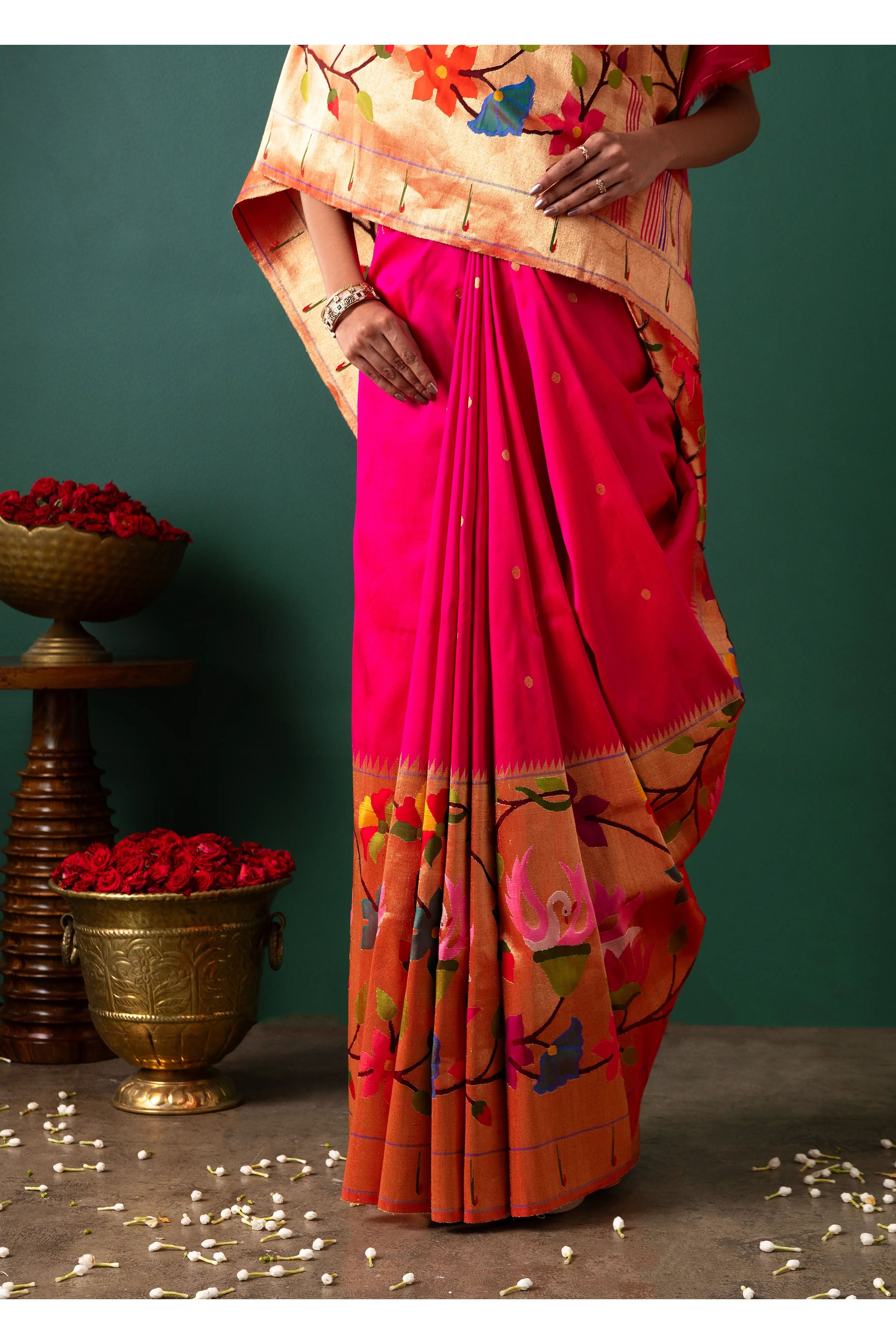 Pink Orange Paithani Silk Saree Buttis & Jaal Border - Mokshaa