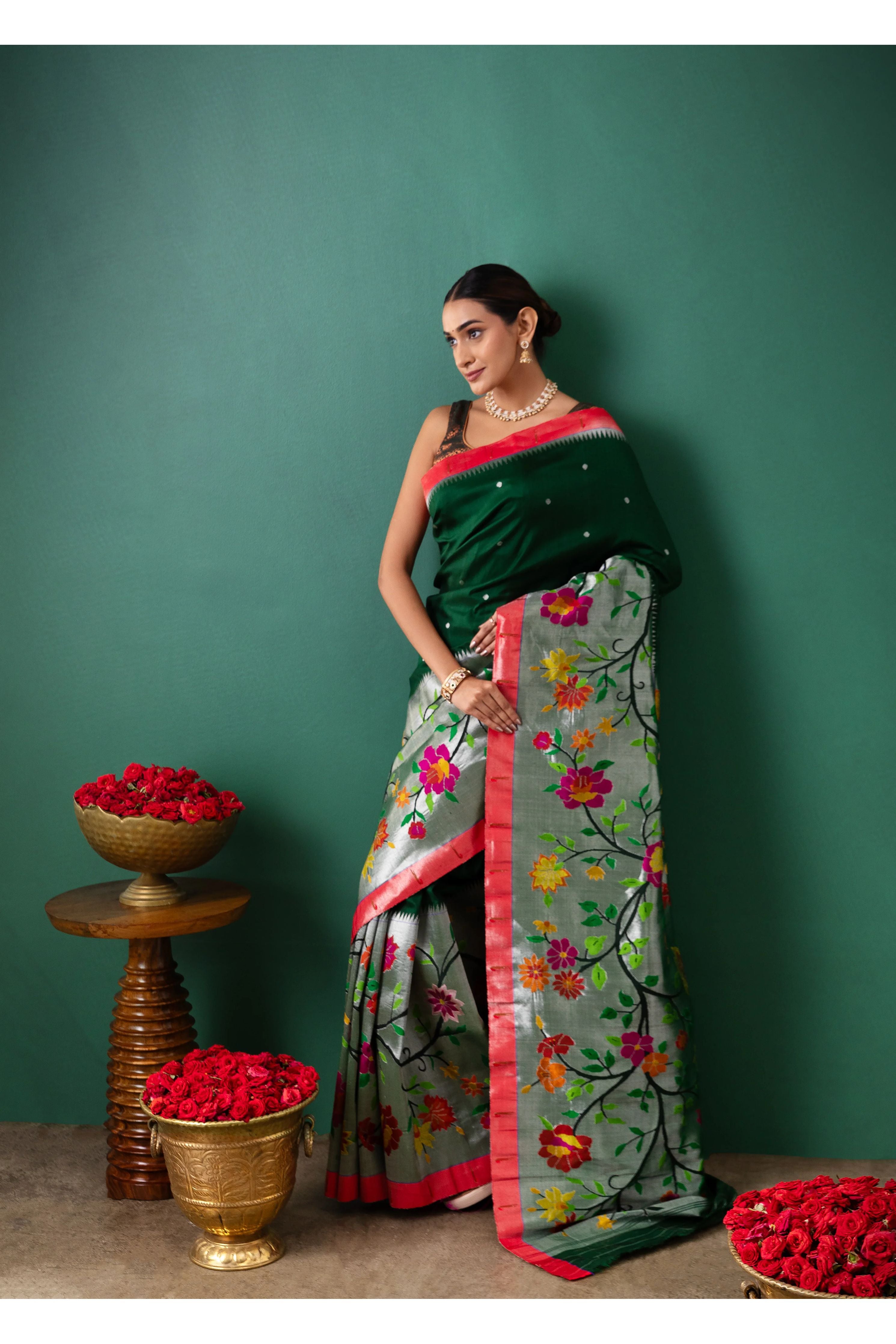 Green Paithani Tissue Saree with All Over Jaal Weaving - Mokshaa
