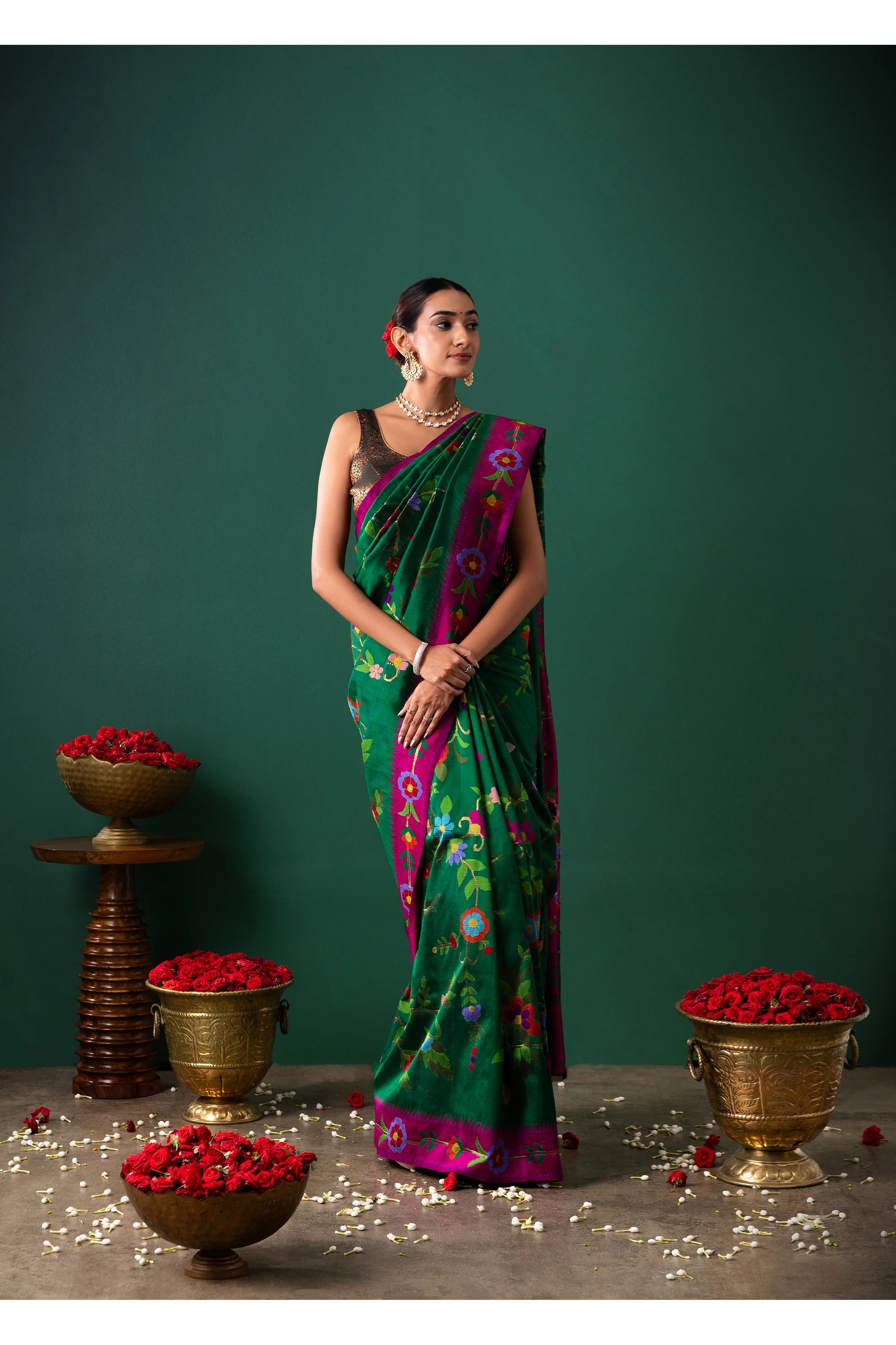 Green Paithani Silk Saree with All Over Jaal and Contrast Pink Border - Mokshaa