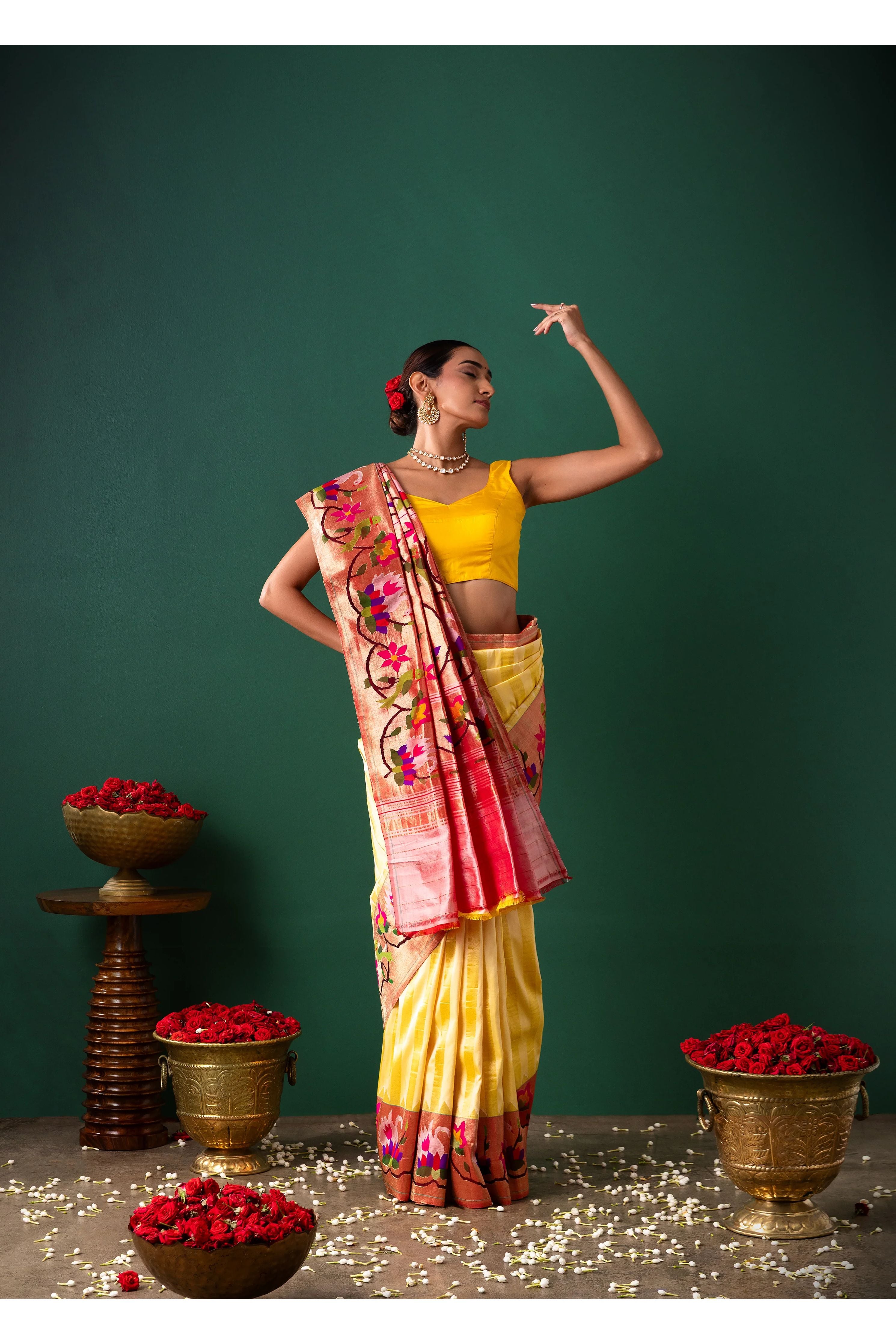 Yellow Paithani Silk Saree with Stripes & Paithani Weaving - Mokshaa