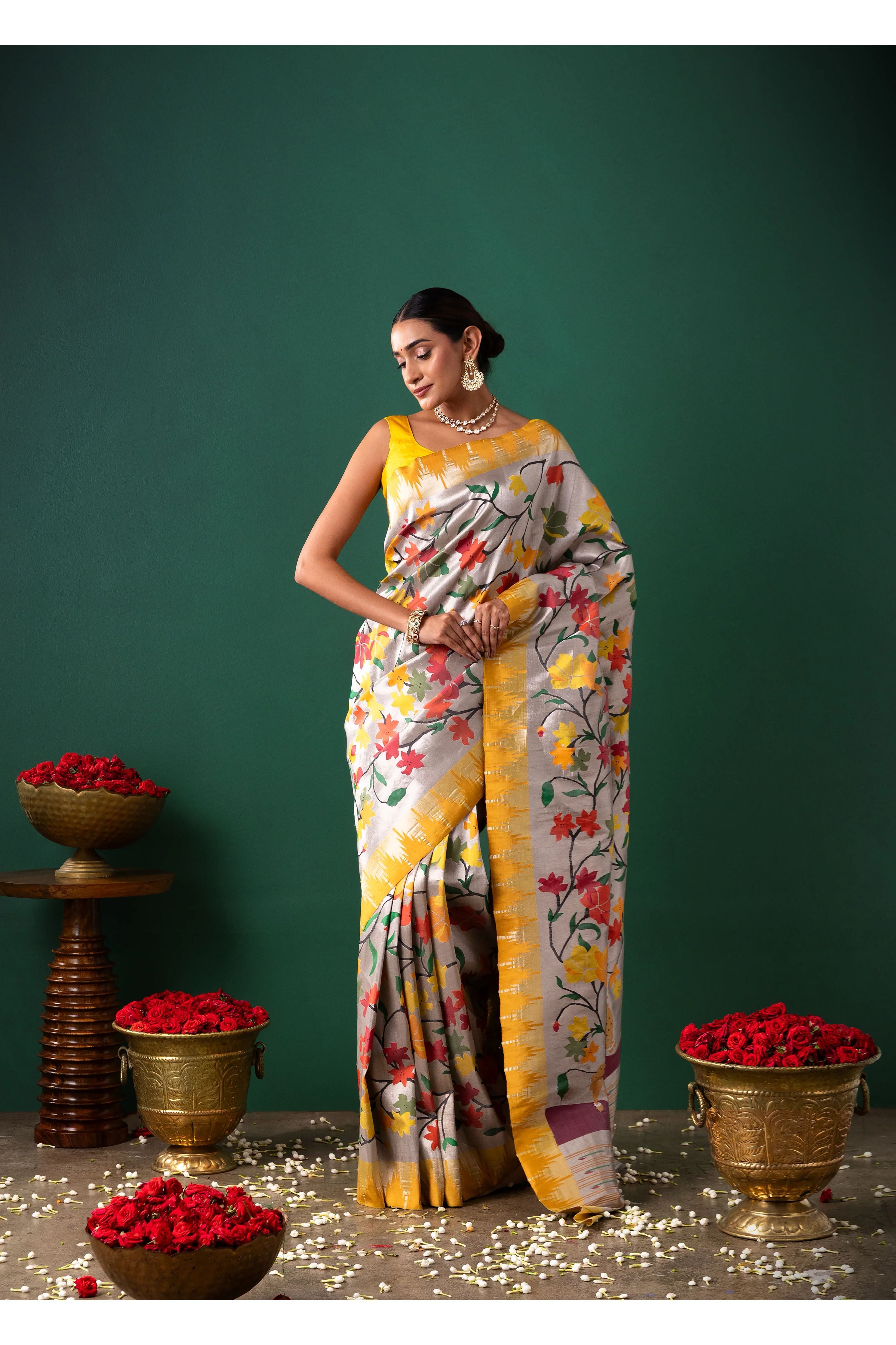 Silver Paithani Tissue Saree with All Over Jaal Weaving - Mokshaa