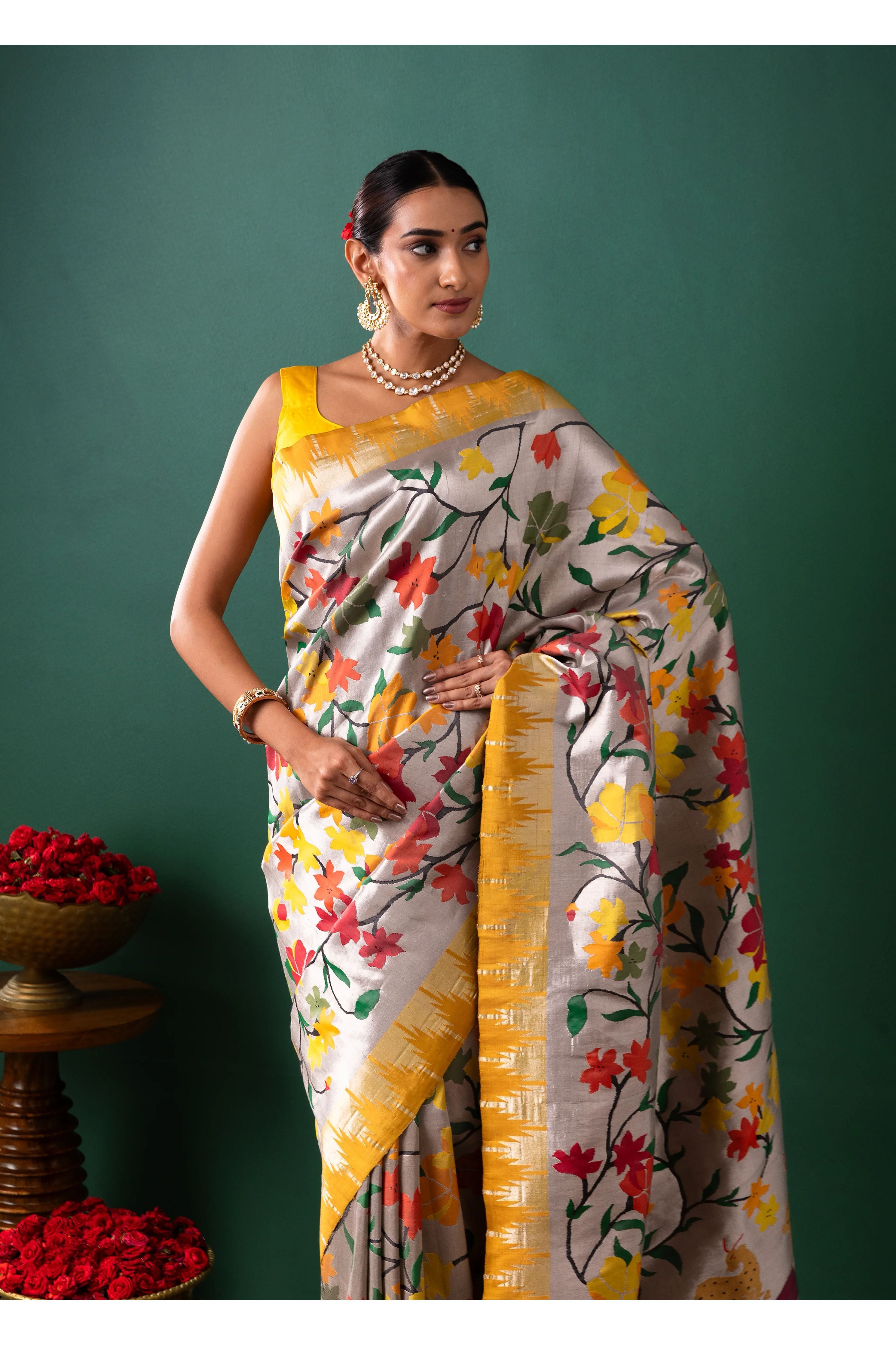 Silver Paithani Tissue Saree with All Over Jaal Weaving - Mokshaa
