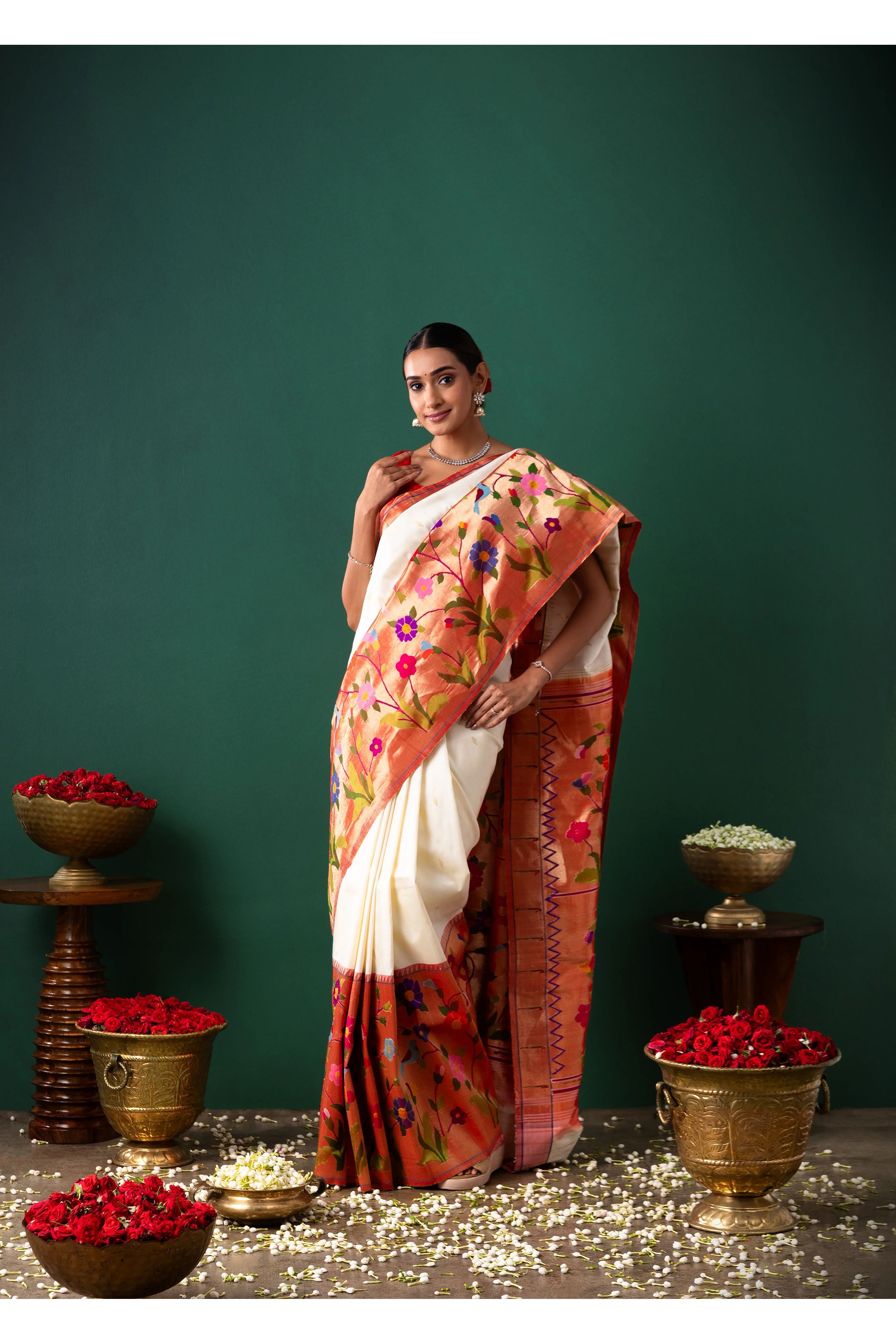 Off White Paithani Silk Saree with Buttise & Paithani Border - Mokshaa