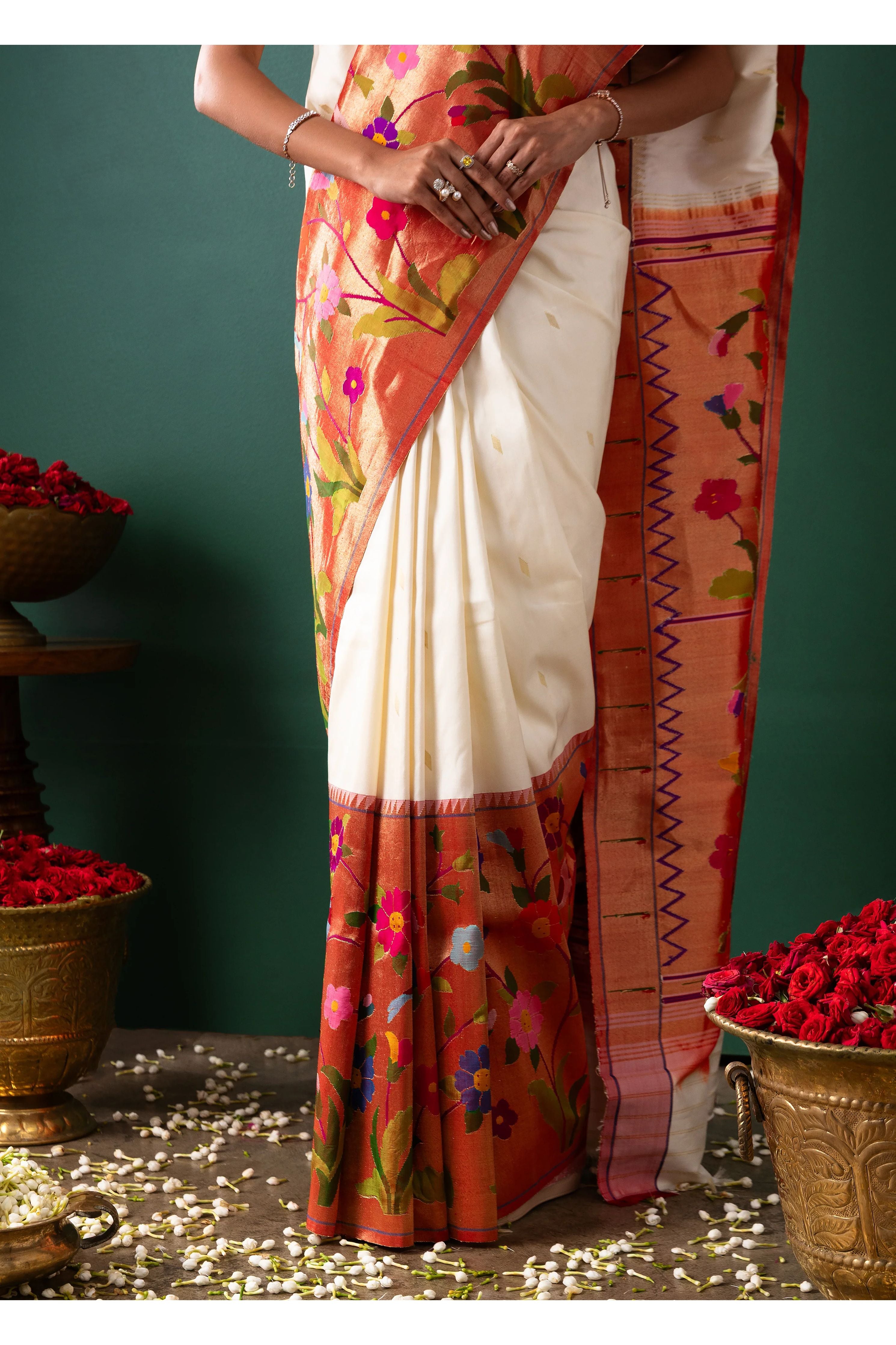 Off White Paithani Silk Saree with Buttise & Paithani Border - Mokshaa