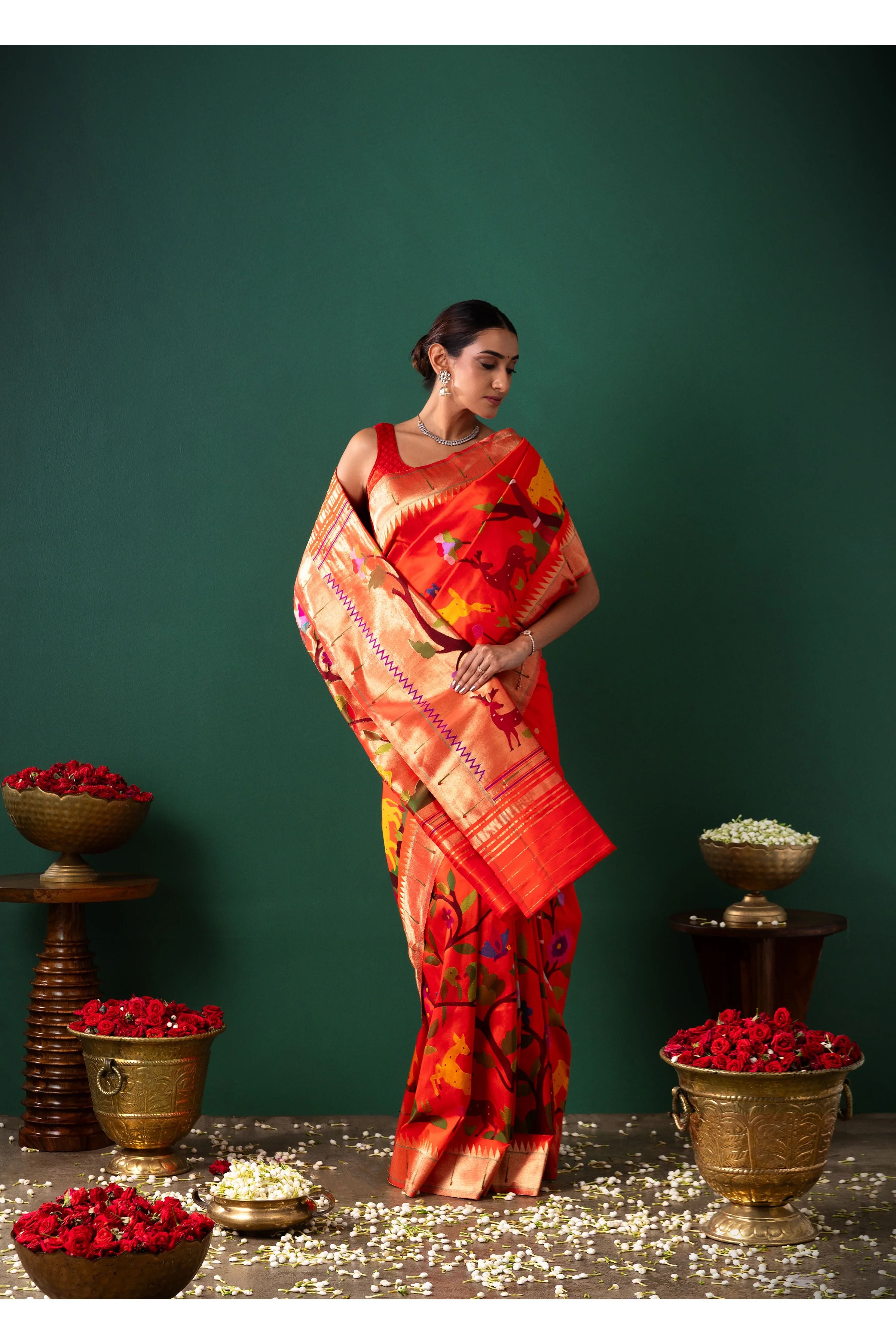 Orange Paithani Silk Saree with All Over Jaal Weaving - Mokshaa