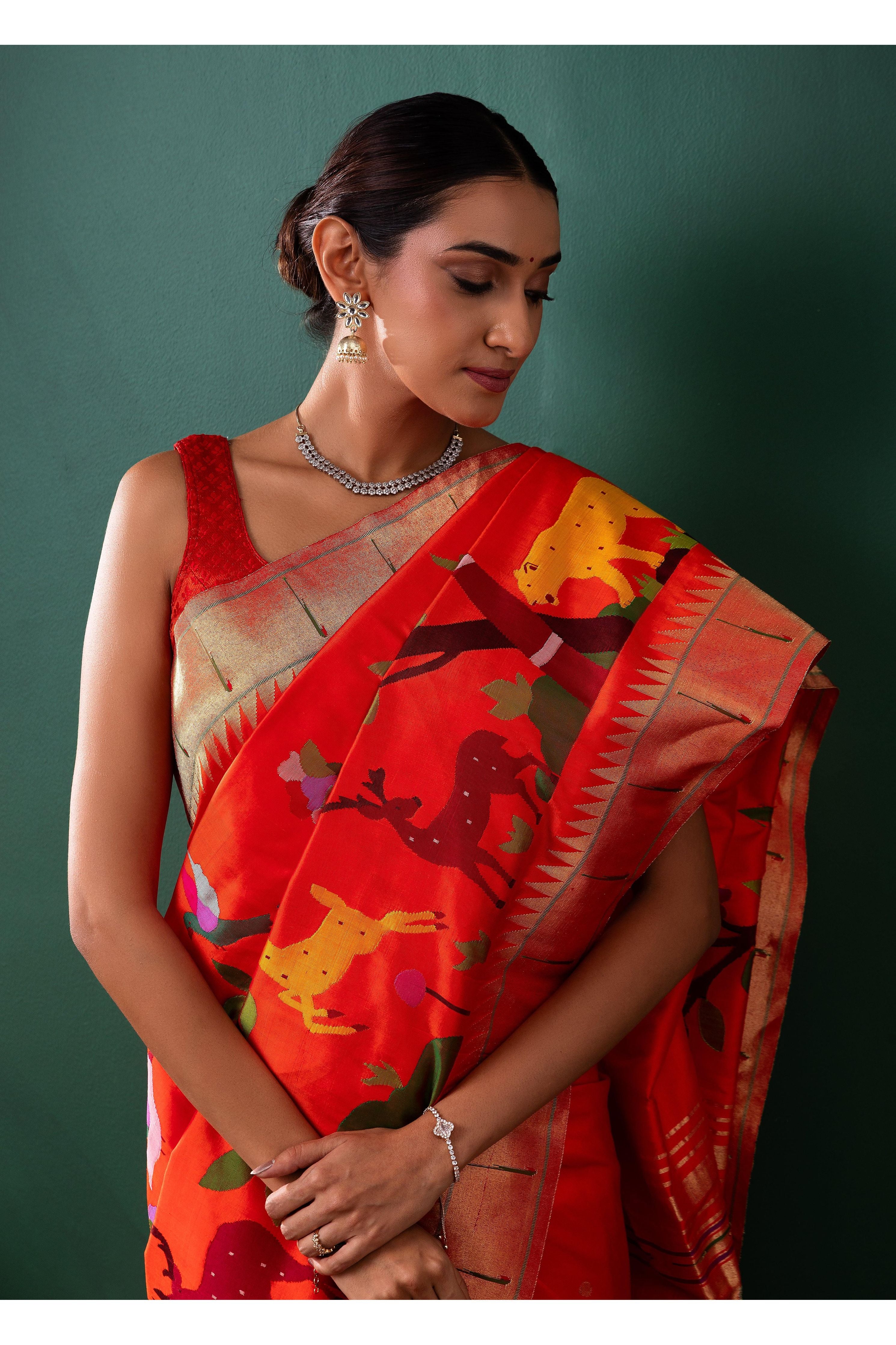Orange Paithani Silk Saree with All Over Jaal Weaving - Mokshaa