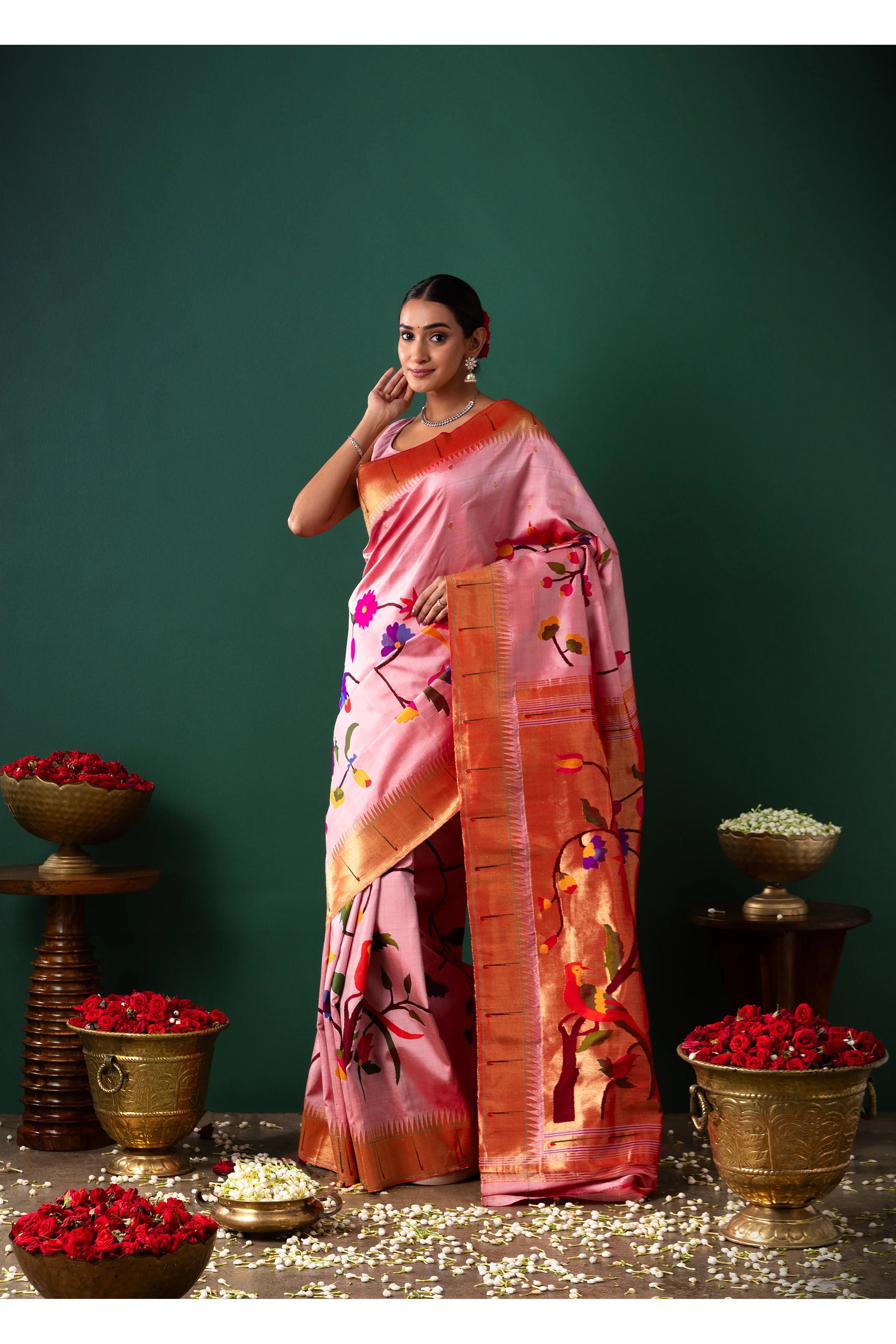 Peach Paithani Silk Saree with All Over Jaal Weaving - Mokshaa