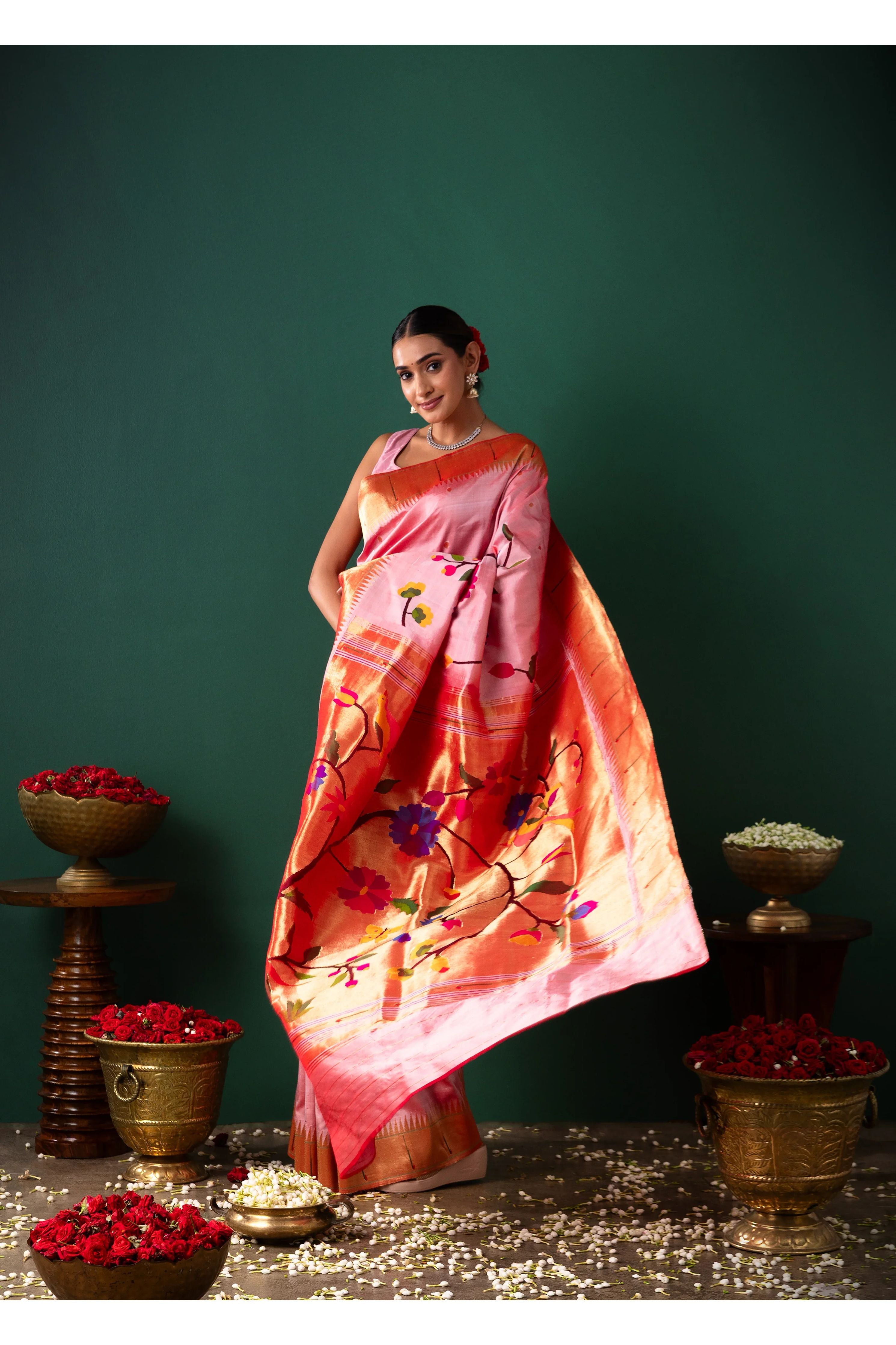 Peach Paithani Silk Saree with All Over Jaal Weaving - Mokshaa