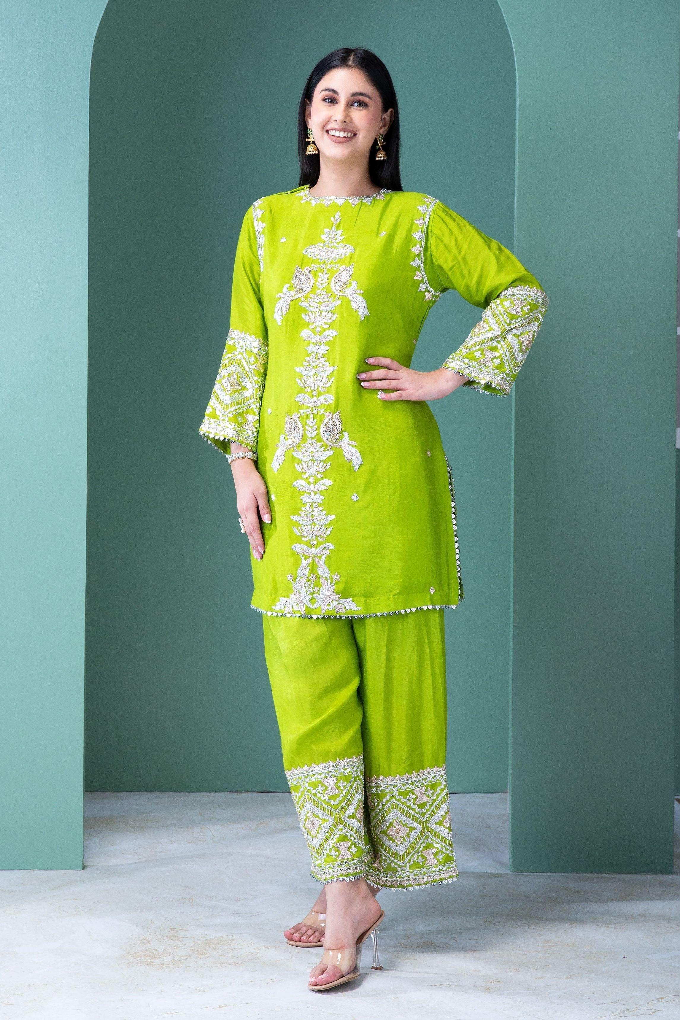 Forest Green Raw Silk Co-Ord Set - Mokshaa