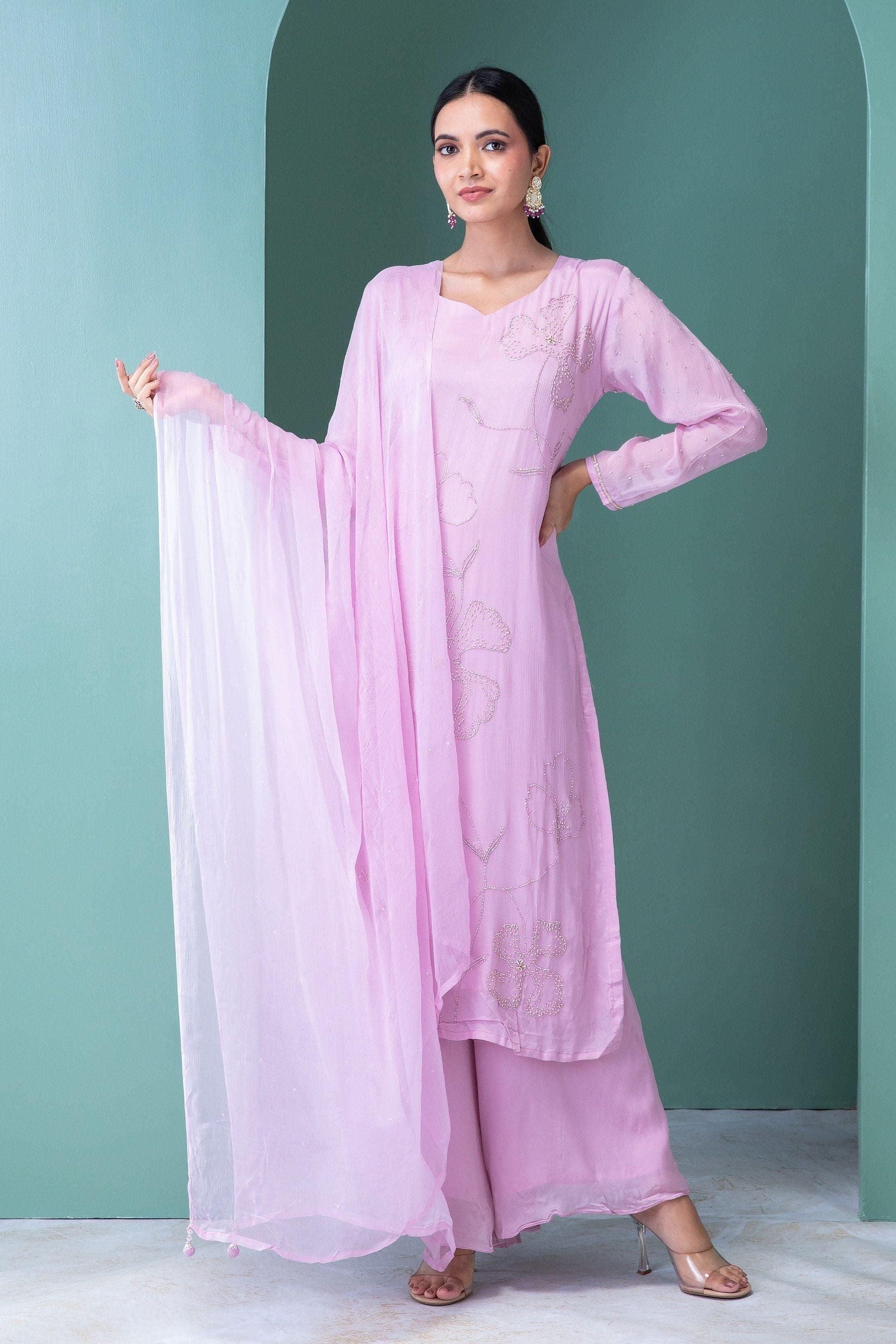 Lavender Blush Georgette Kurta And Palazzo Set - Mokshaa