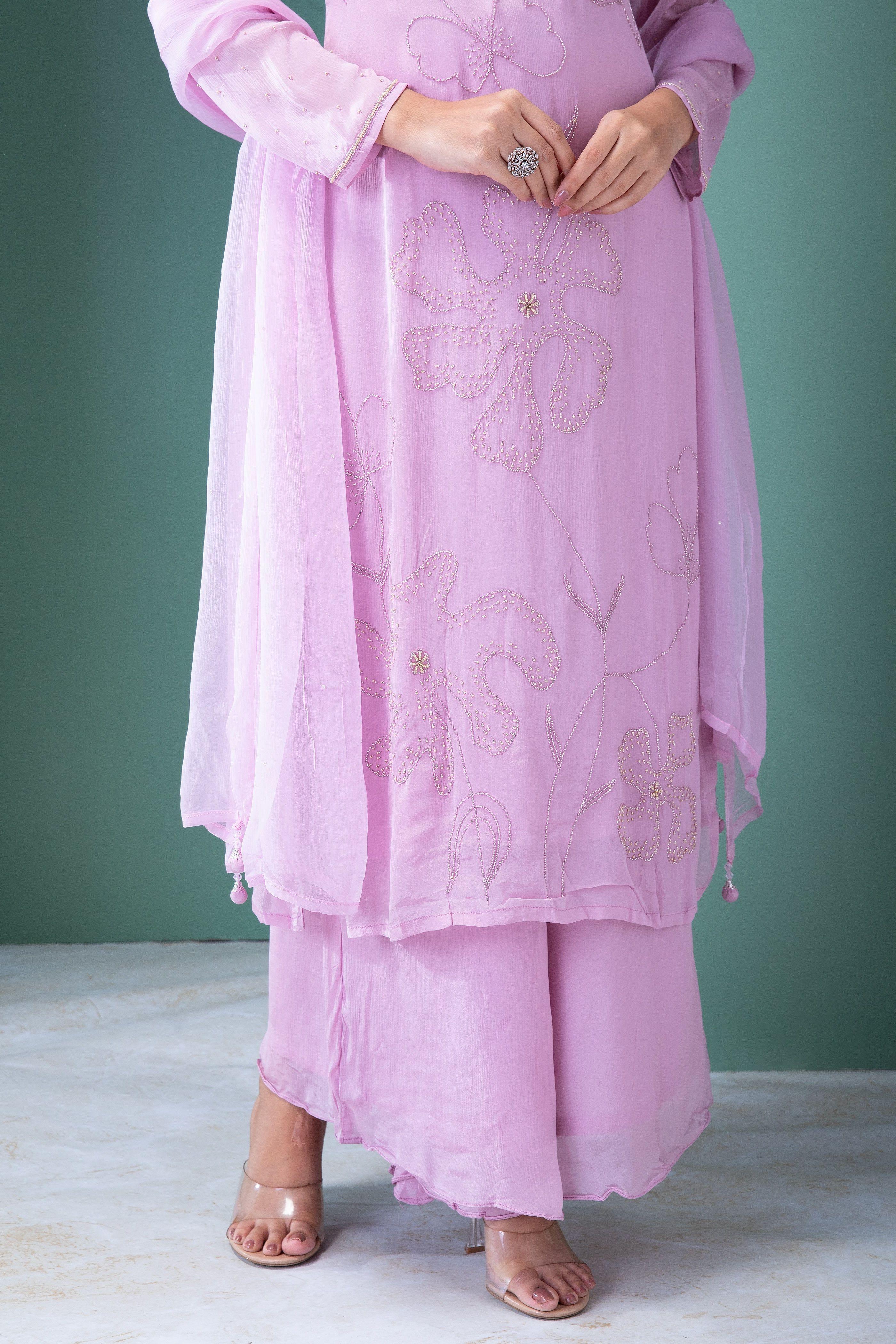 Lavender Blush Georgette Kurta And Palazzo Set - Mokshaa