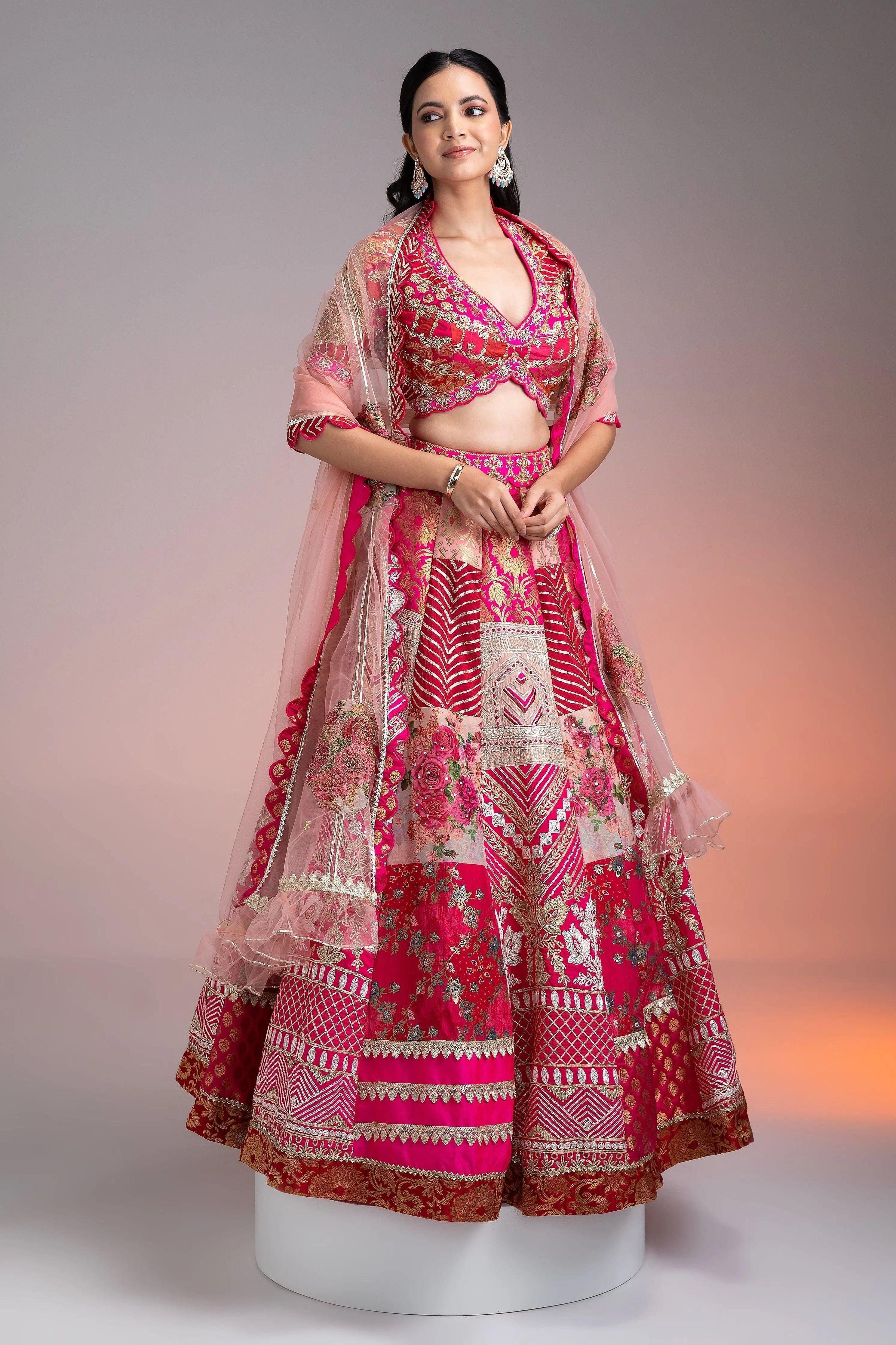Vibrant Pink And Gold Applique Lehenga - Mokshaa
