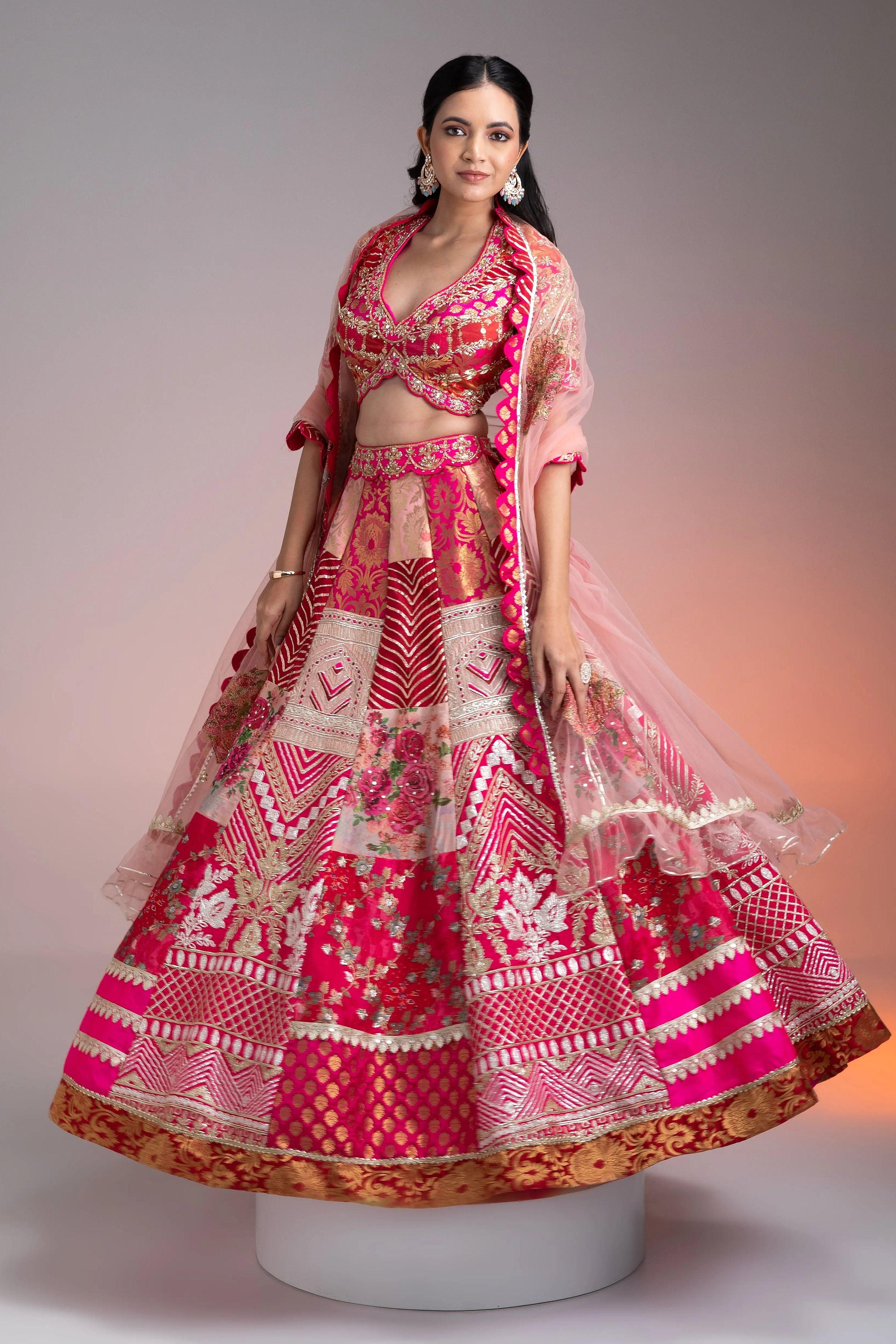 Vibrant Pink And Gold Applique Lehenga - Mokshaa