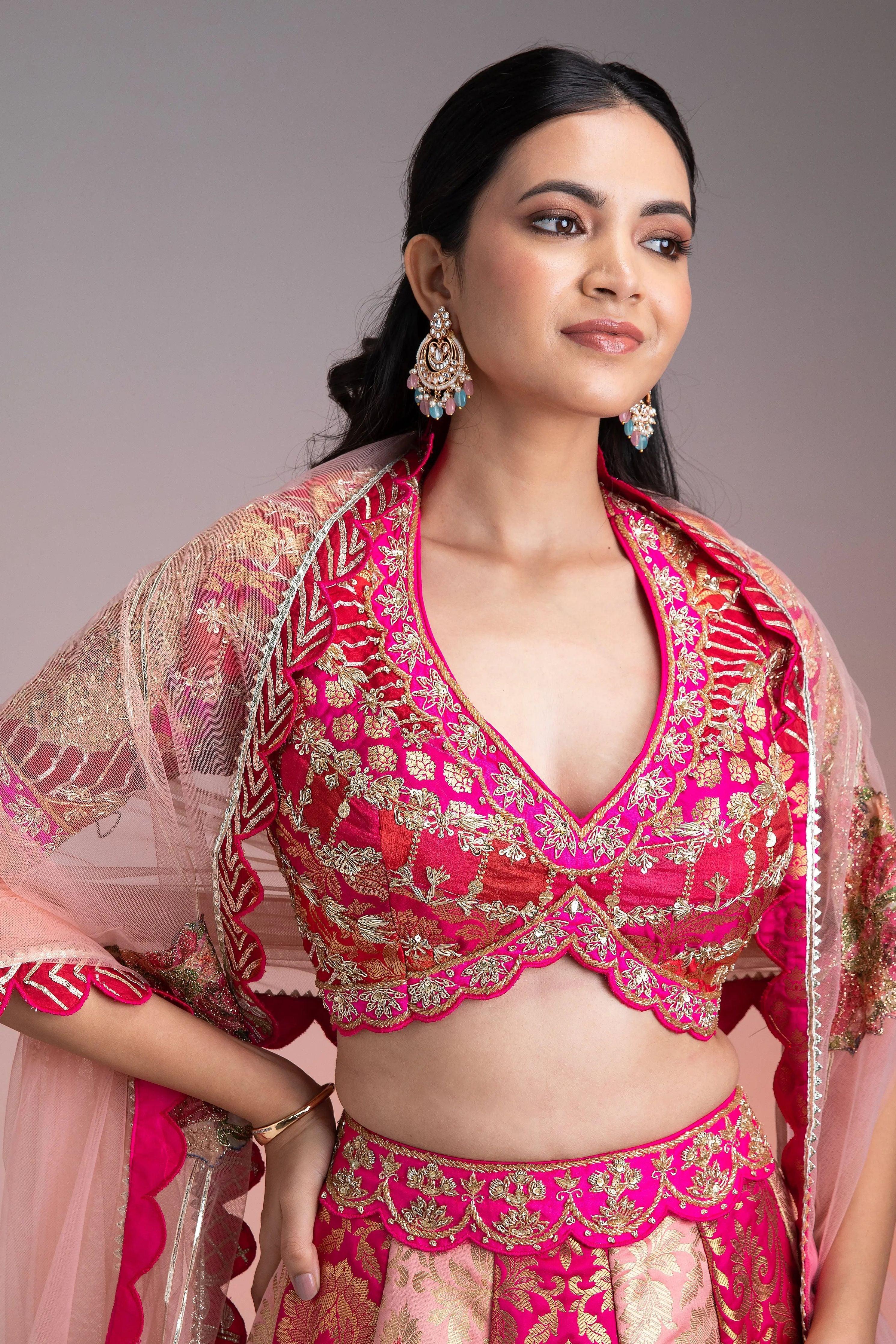 Vibrant Pink And Gold Applique Lehenga - Mokshaa