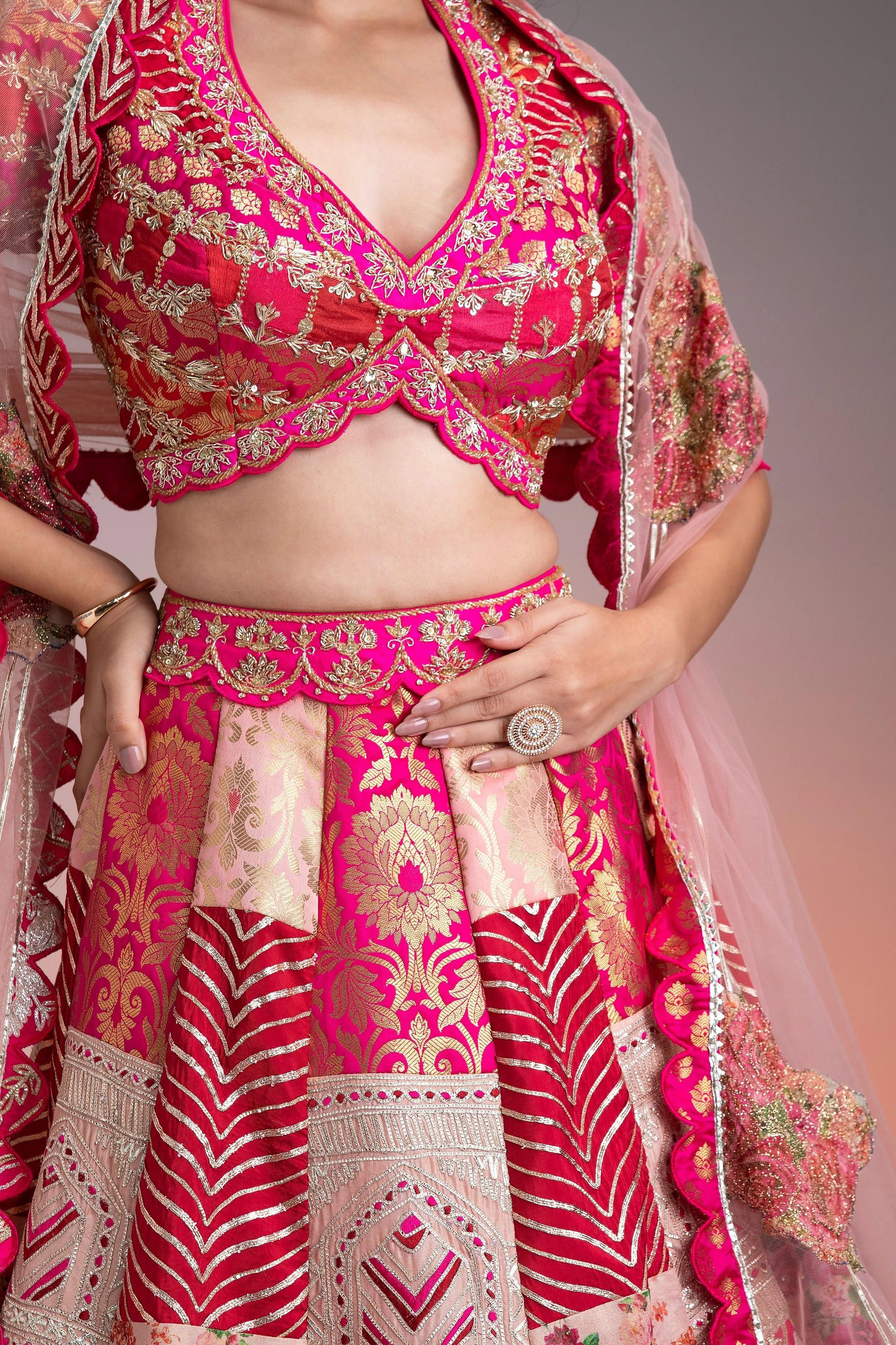 Vibrant Pink And Gold Applique Lehenga - Mokshaa