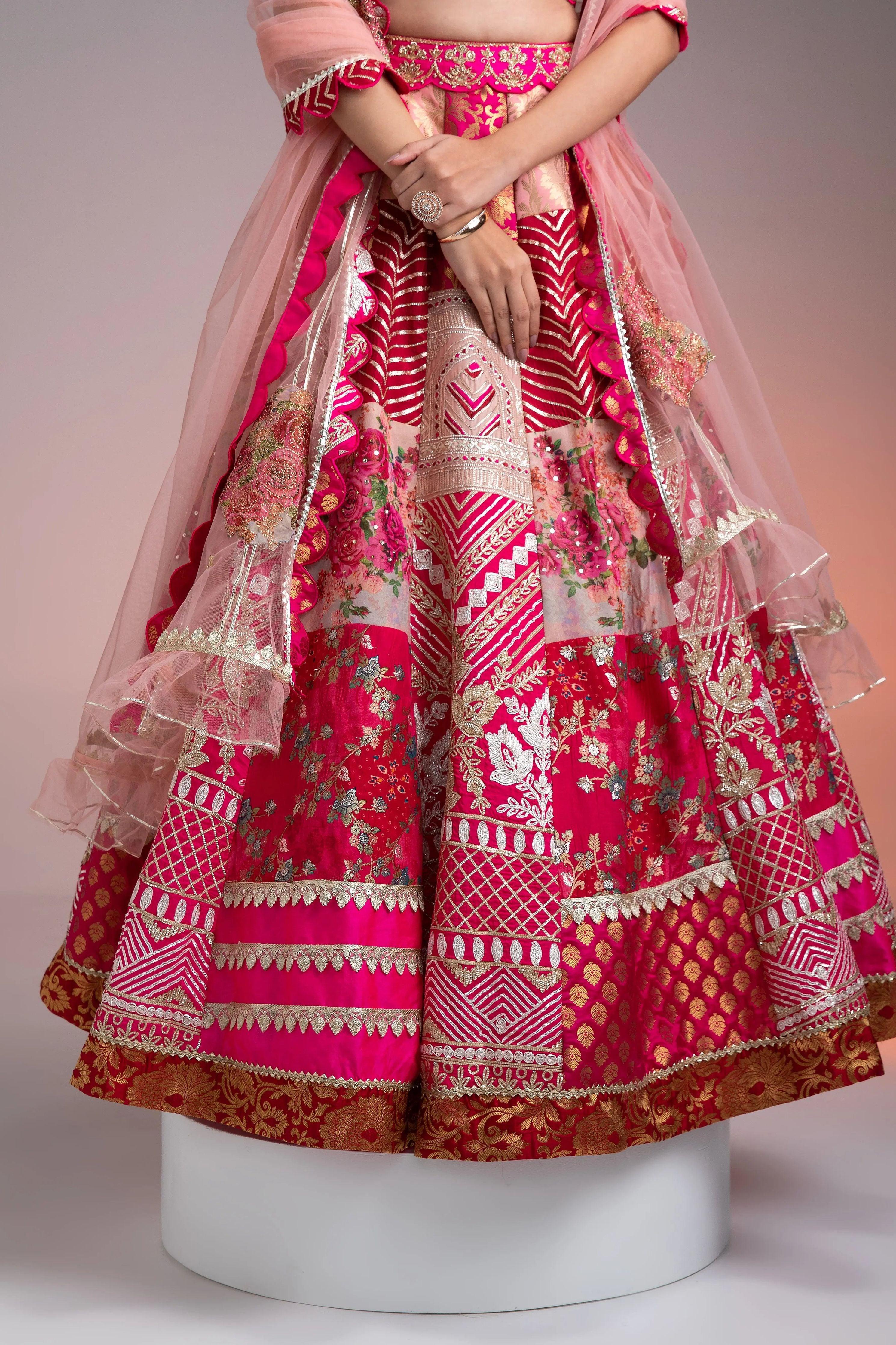 Vibrant Pink And Gold Applique Lehenga - Mokshaa
